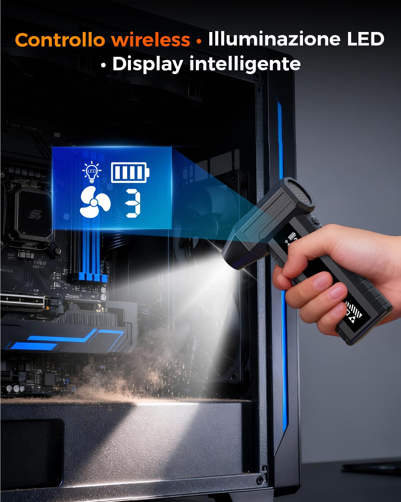 Soffiatore a Batteria – Mini Soffiatore Aria Compressa 200.000 giri/min, 10.500 mAh, per Pulizia PC & Tastiera, LED, Display Intelligente, Ricarica USB-C
