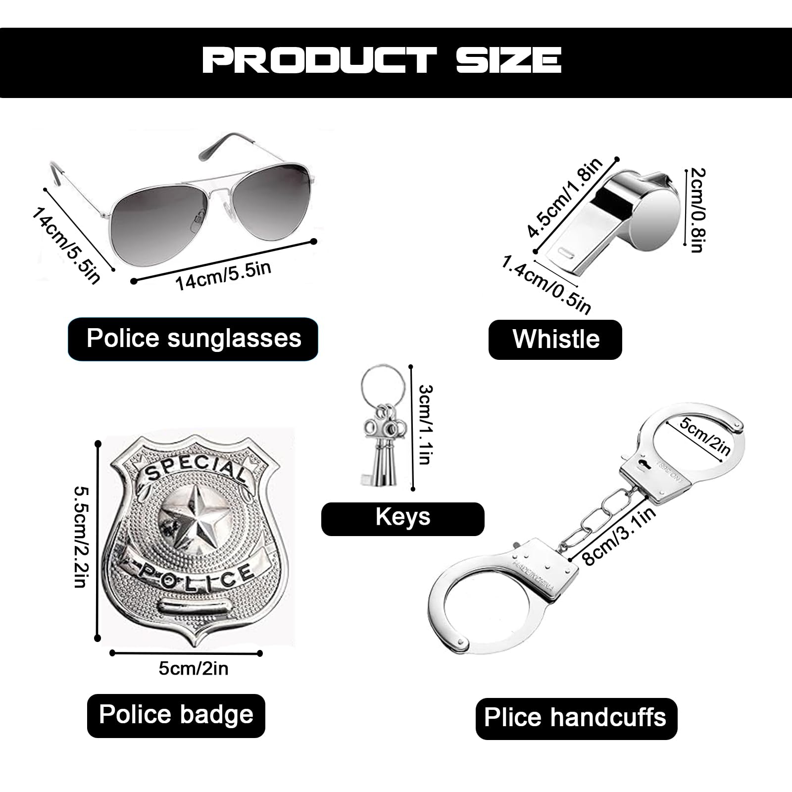 MUFEKUM Police Costume Accessories, Police Fancy Dress Set including Badge Handcuffs Key and Glasses - Image 2