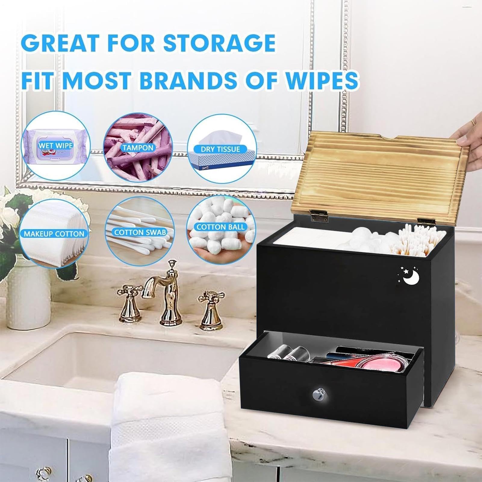 Tampon-Aufbewahrungsbox – Hygiene-Halter aus Holz, dekorativer Kosmetik-Präsentationsbehälter, kompakter Pad-Organizer, Badezimmer-Theke, Arrangement-Einheit, für Zuhause, Wohnung, Spa, Schönheit