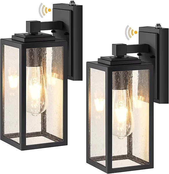 VIANIS 2 Pack Dusk to Dawn Sensor Outdoor Wall Lighting, Black Exterior Light Fixture Wall Mount for House, Anti-Rust Modern Outside Sconce Lantern with Tempered Seeded Glass for Front Porch, Garage