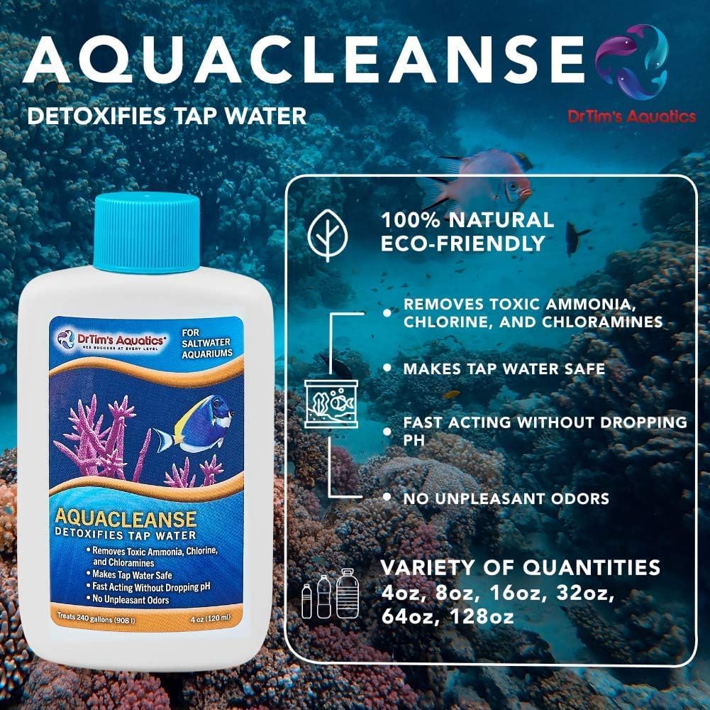Dr. Tim’s Aquatics Saltwater AquaCleanse Tap Water Detoxifier – For Fish Tanks, Aquariums – Eliminates Toxic Chemicals, Odors – Reduces Ammonia, Chlorine, Chloramines – H20 Pure – 64 Oz.