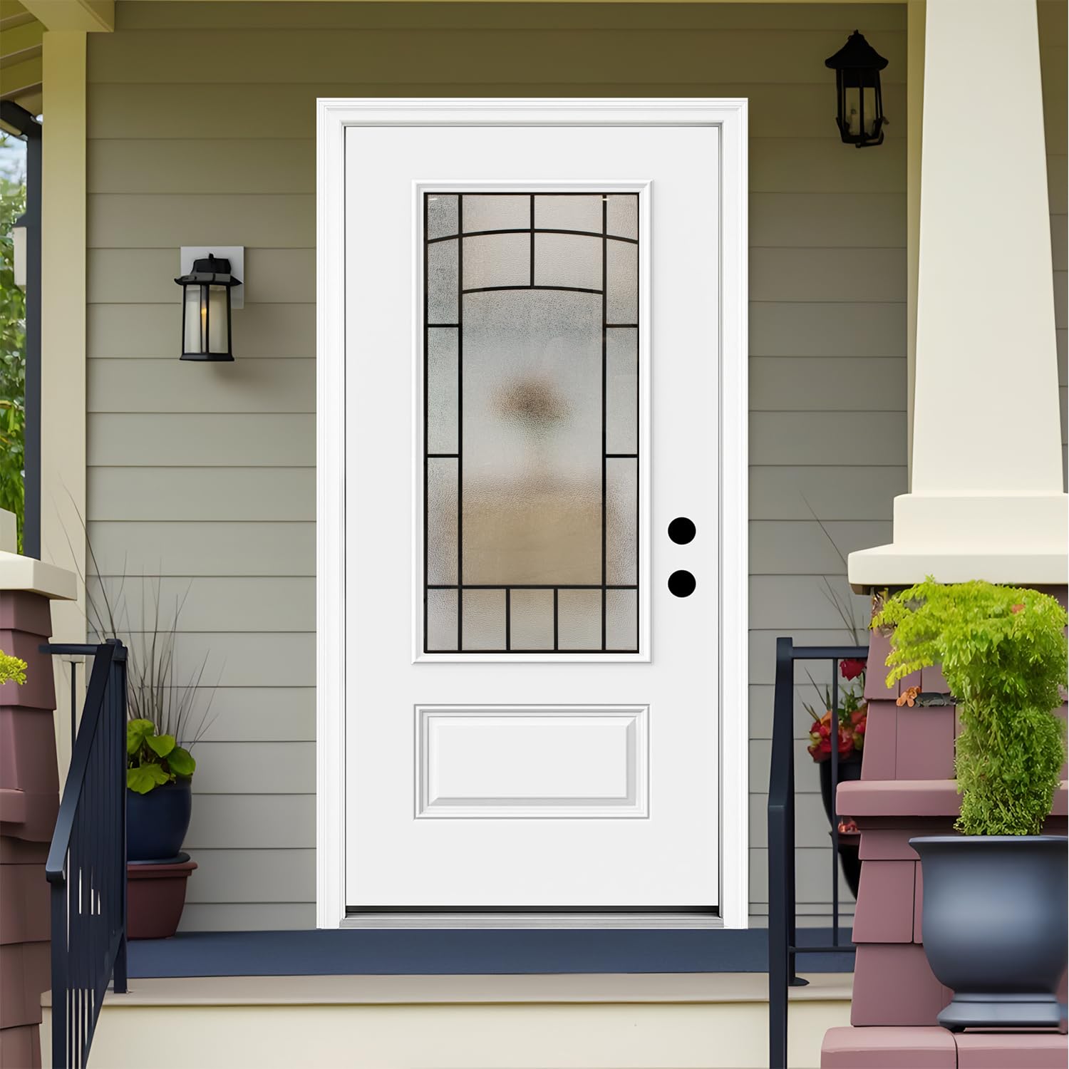 36x80 in Fiberglass Exterior Entry Door, Front Door-3/4 View Decorative Glass-Smooth Prime White Knock-Down Door, Left-Hand Inswing, Brickmould