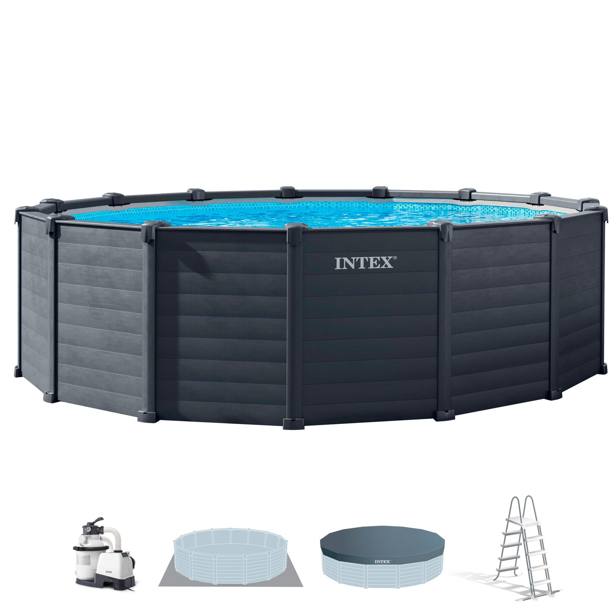 Intex 26384 Piscina Fuori Terra Graphite Panel, Grigio Grafite, Ø 478 x 124 cm, Sistema di Filtrazione a Sabbia e Scaletta Inclusi
