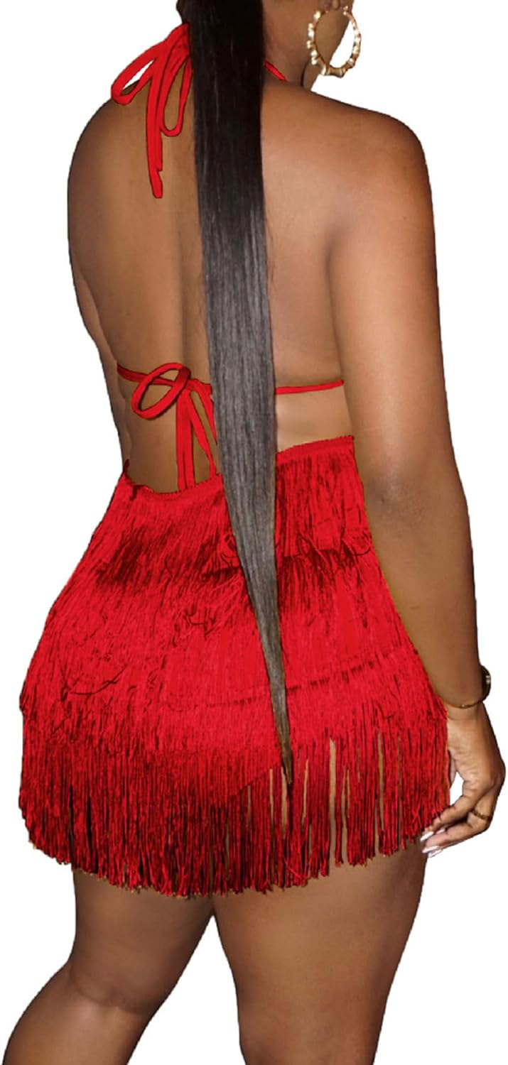 SEMATOMALA Women's Fringe Halter Neck Bodysuit Dress Sexy Backless Tassel Shorts Romper Party Festival Tiered Playsuit - Image 3