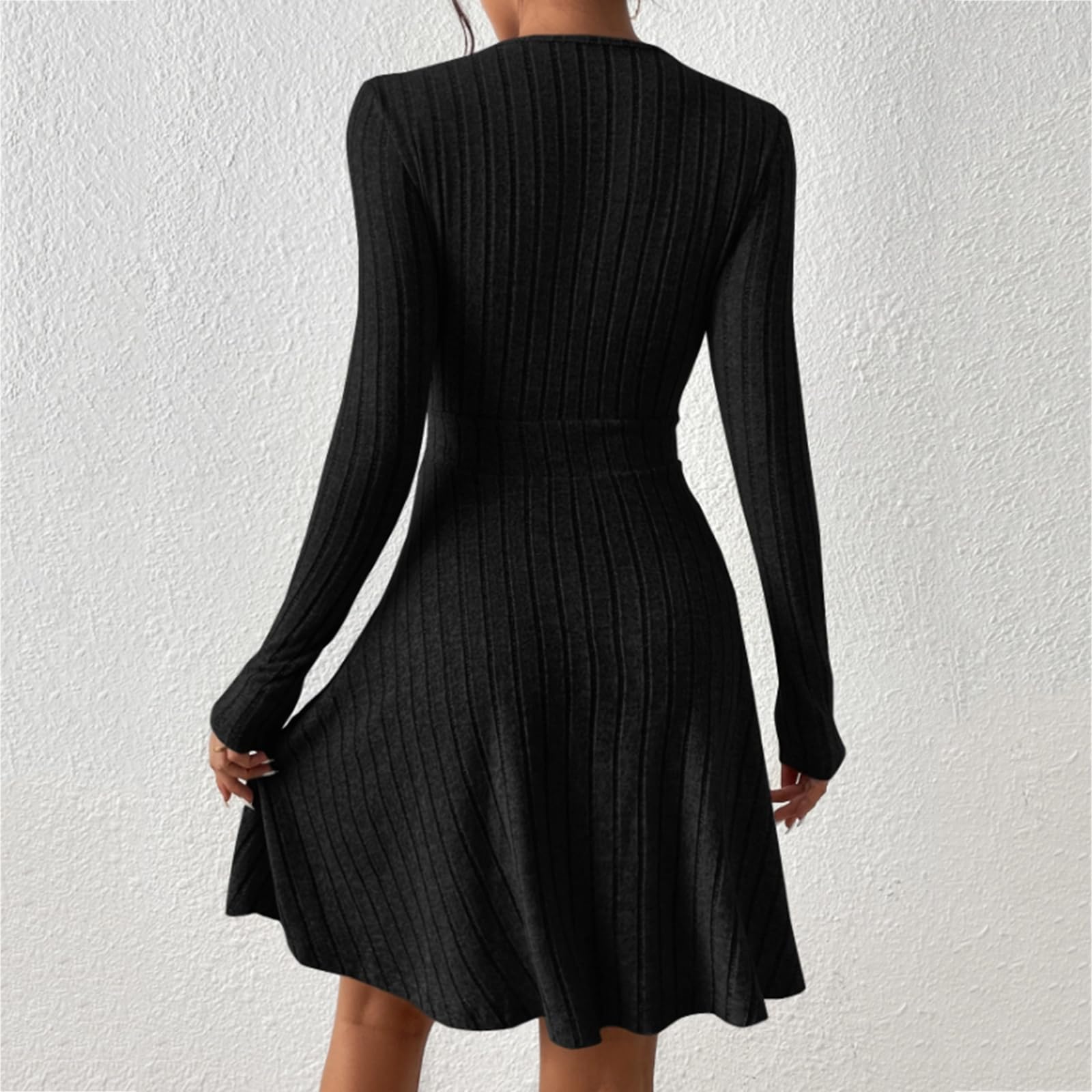 Strickkleid Damen Winter A Linie Pulloverkleid Knielang Kleid Damen Elegant Langarm Winterkleid Curvy Strickkleider V Ausschnitt Kleider Wickel Pullikleid Geripptes Herbstkleid Gestricktes