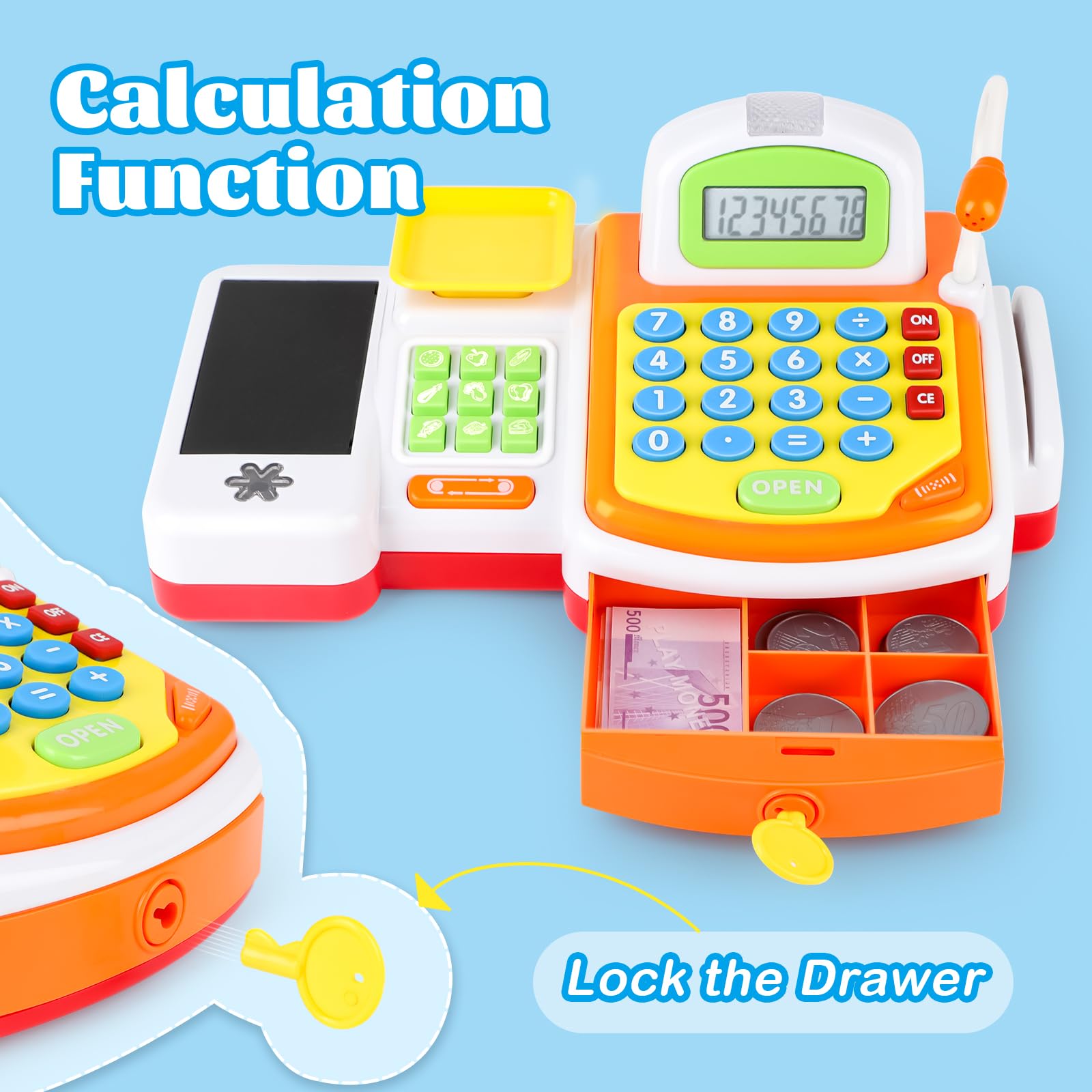 deAO Caja Registradora Juguetes con Escáner Electrónico y Calculadora, Juguete de Supermercado con Comida y Canasta, Juego de rol Educativo Regalo para Niños Niñas 3 4 5 6 Años