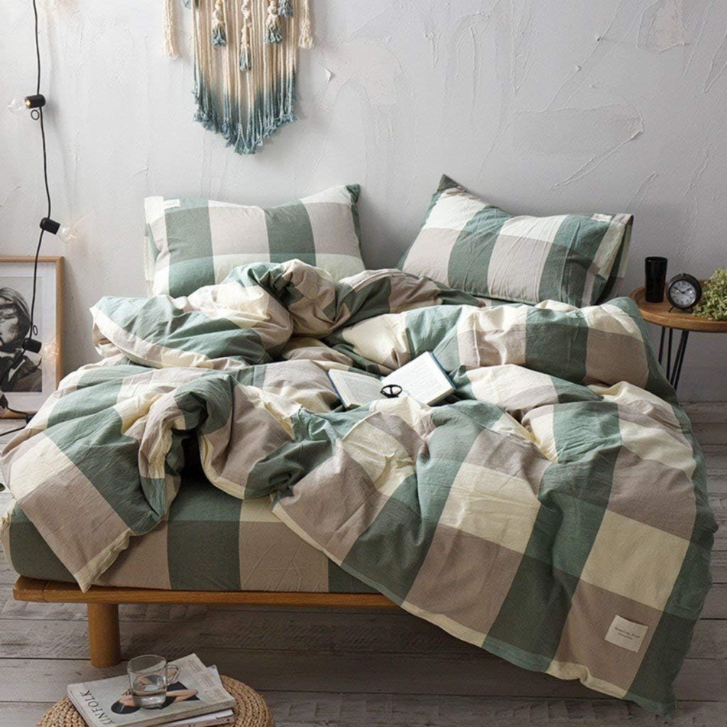 3-Piece Bedding Set 100% Natural Washed Cotton Linen Like Textured Breathable Durable Duvet Cover Set - Ultra Soft and Easy Care (Full, Green/Khaki Grid)