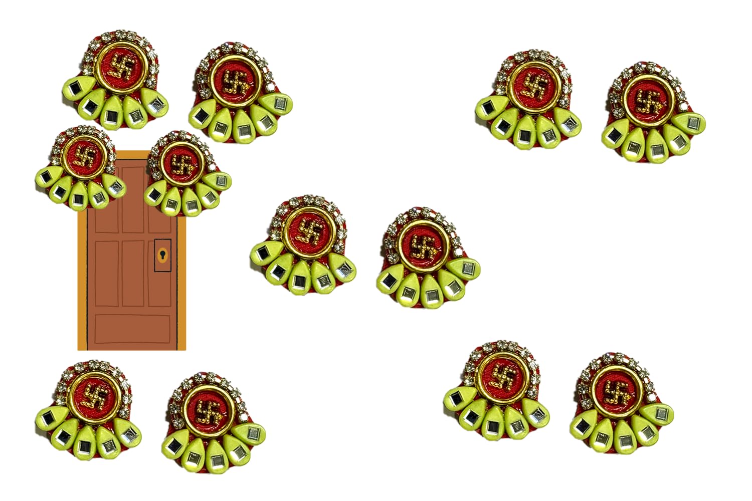 Golden Twilight 5 Pair 10 PCS Pack Rakhi SOHN Soon SOAN Door Tags PUJA Articles with Double Sided Tape Ready to Stick Size 1 INCH,Green Leaf,red booti-image-49