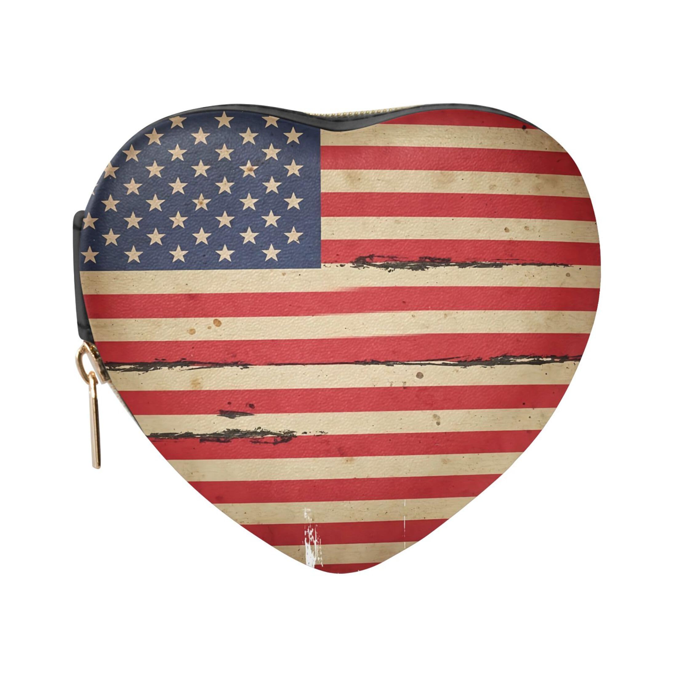 Fuauuyl Grunge American Flag Small Jewelry Box Heart-Shaped Jewelry Case, Portable Travel Organizer Bridesmaid Proposal Gift for Women Girls