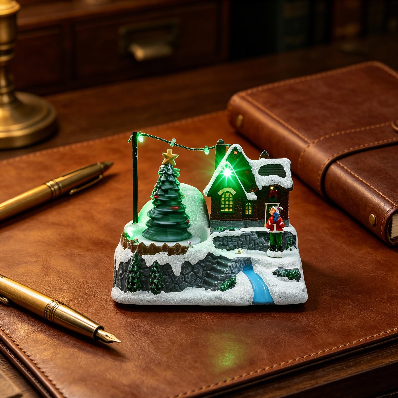 Weihnachtliche Spieluhr mit Leuchtendem Schneehäuschen und Drehbarem Baum aus Kunststoff Elegante Tischdekoration für Winter und Festliche Geschenkidee