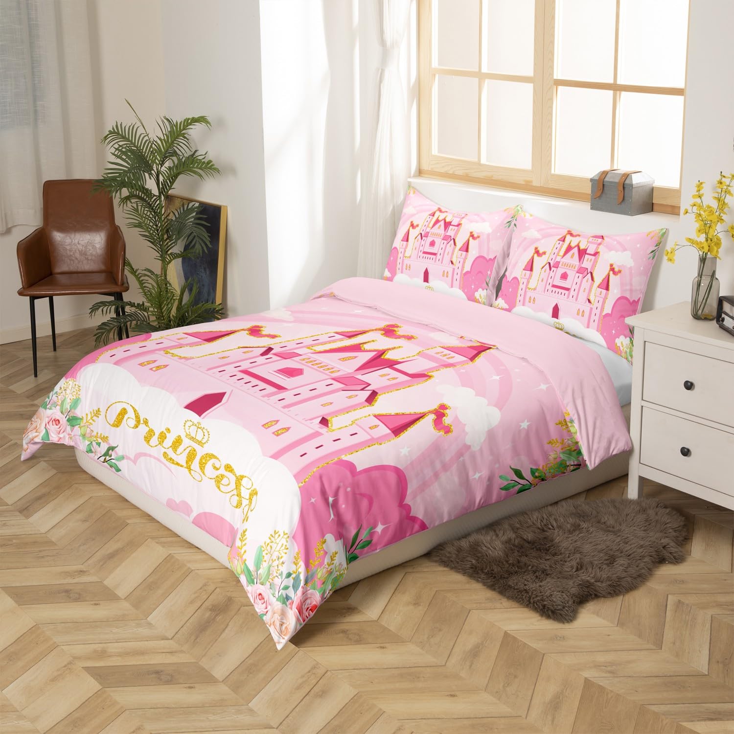 feelingyou Princess Duvet Cover Double Size,Pink Castle Dreamy Flowers Comforter Cover for Adults Kids Bedroom Decor,Fairy Tale Theme for Girl Comfortable Bedding Set 2 Pillowcases,No Comforter - Image 3