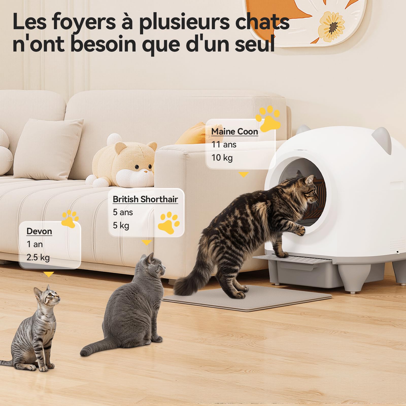 JUMMICO Bac à litière automatique autonettoyant 90L XXL, Contrôle intelligent par application, Système de sécurité anti-pincement, Surveillance de la santé, Double élimination des odeurs, Avec tapis à