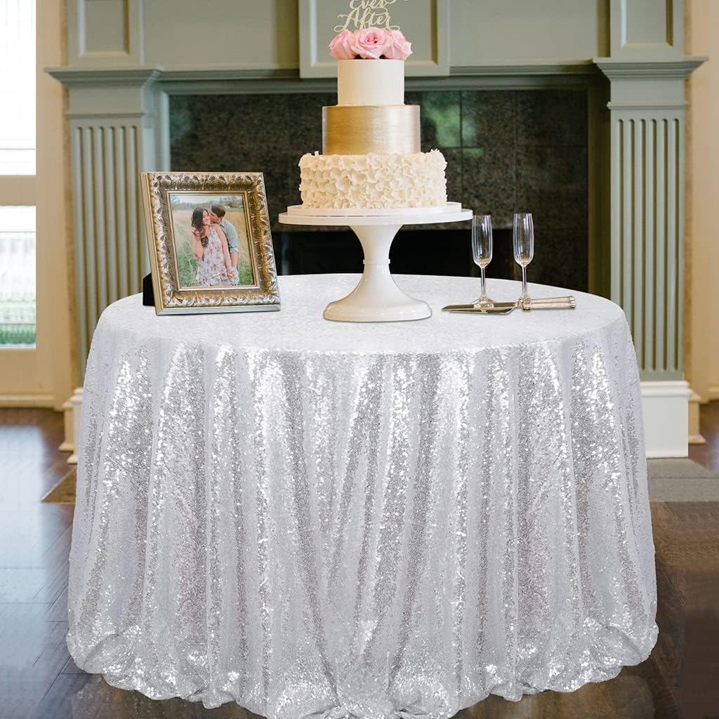 ShinyBeauty Sequin Tablecloth Round Table, 120 Inch,Silver Table Cloth Round for Wedding, Birthday, New Year Decor, Sparkle Tablecloth for Party Glitter Linen