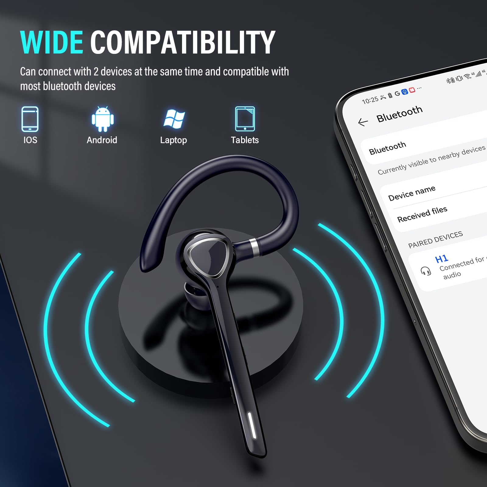 Cuffie Bluetooth Singolo Vivavoce, Auricolare V5.4 con ENC Noise Canceling Mic Mute, 90 Ore Mano Libera Auricolare Bluetooth per Affari/Sport Blu
