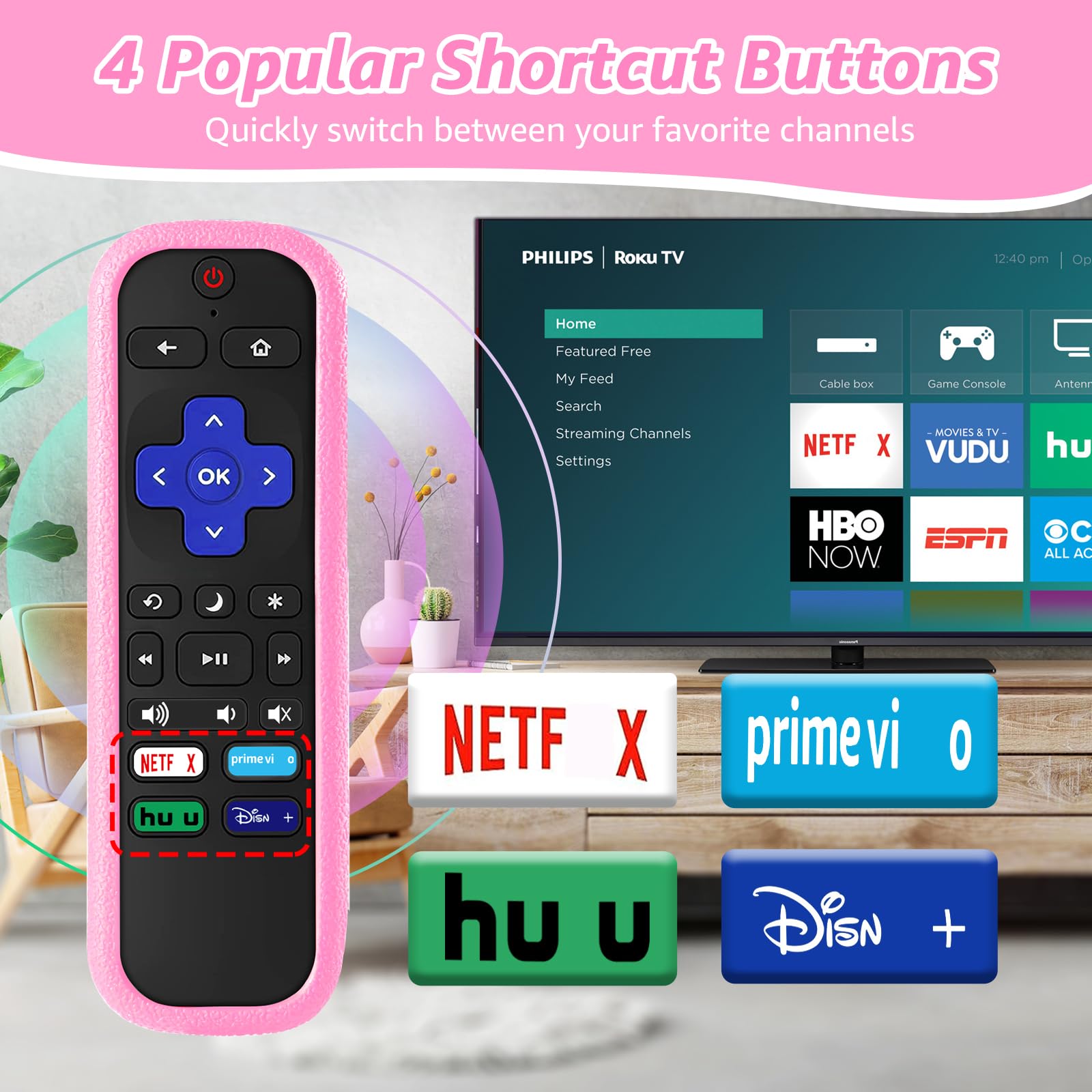 Mando a distancia de repuesto para TV Roku con funda de silicona suave rosa, mando a distancia universal para televisores inteligentes TCL Roku/Hisense Roku/Onn Roku/Westinghouse Roku/Philips Roku (no