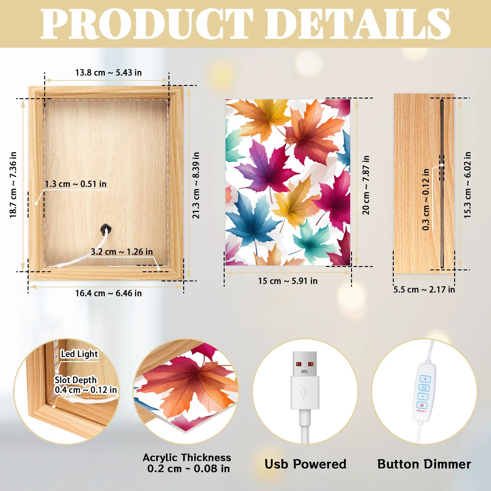 Light Up Painting,Maple Leaves Wall Art Picture Light Watercolor Maple Leaves Light Up Desktop Art Frame, 10 Brightness USB Powered 3 Lighting Modes, Relief Gift for Bedroom Home-Without Acrylic Panel