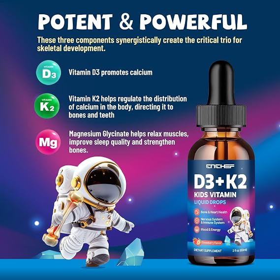 Vitamin D3 K2 Drops for Kids - Liquid Supplement with Magnesium for Calcium Absorption, Joint Health, Teeth & Heart - Non-GMO, Vegan, Strawberry, 2 Fl Oz - Kids Ages 4+