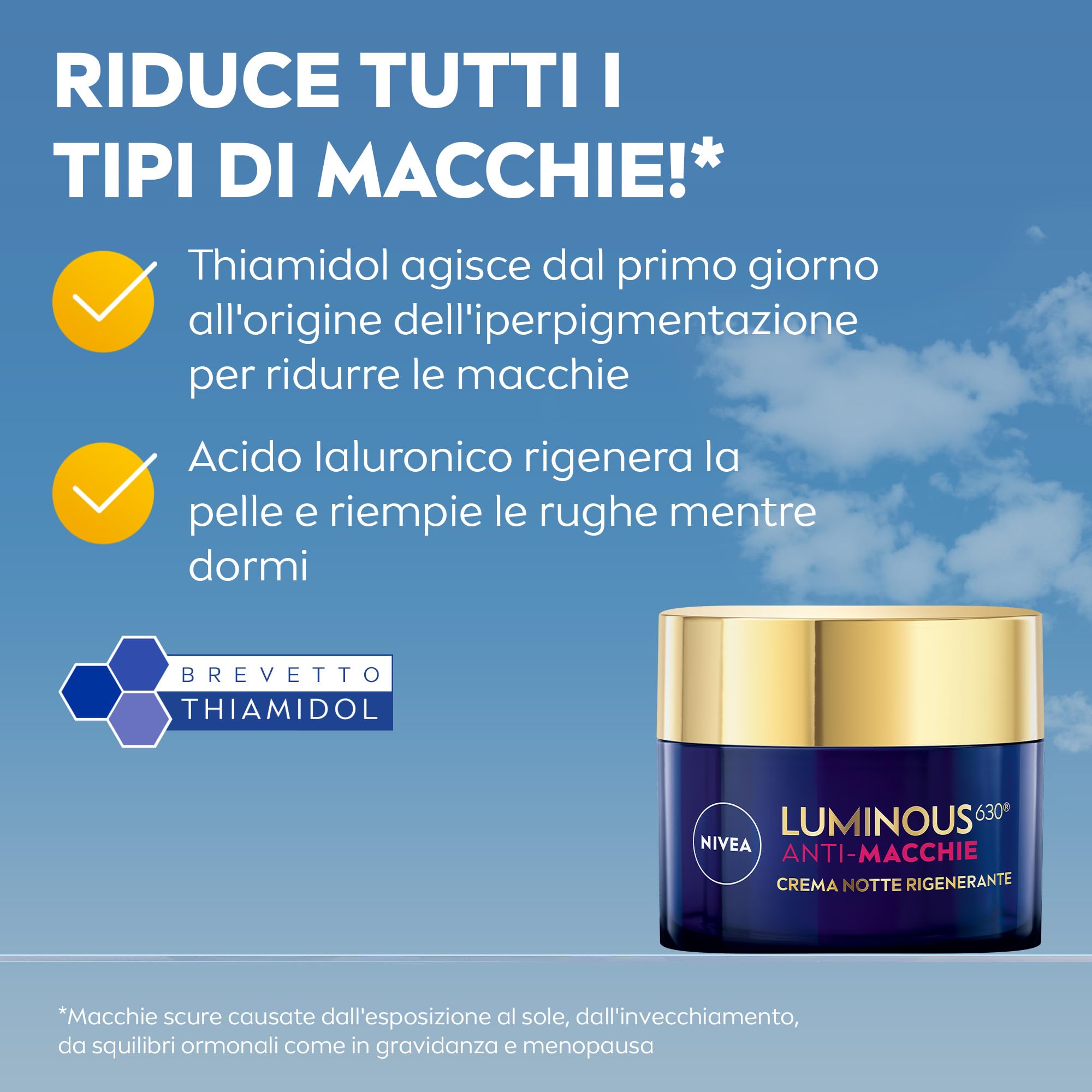 NIVEA Luminous630 Anti-Macchie Crema Notte Rigenerante 50 ml, Crema viso antirughe e antimacchia con Acido Ialuronico e Thiamidol brevettato, Efficiacia antimacchie viso per una pelle rinnovata