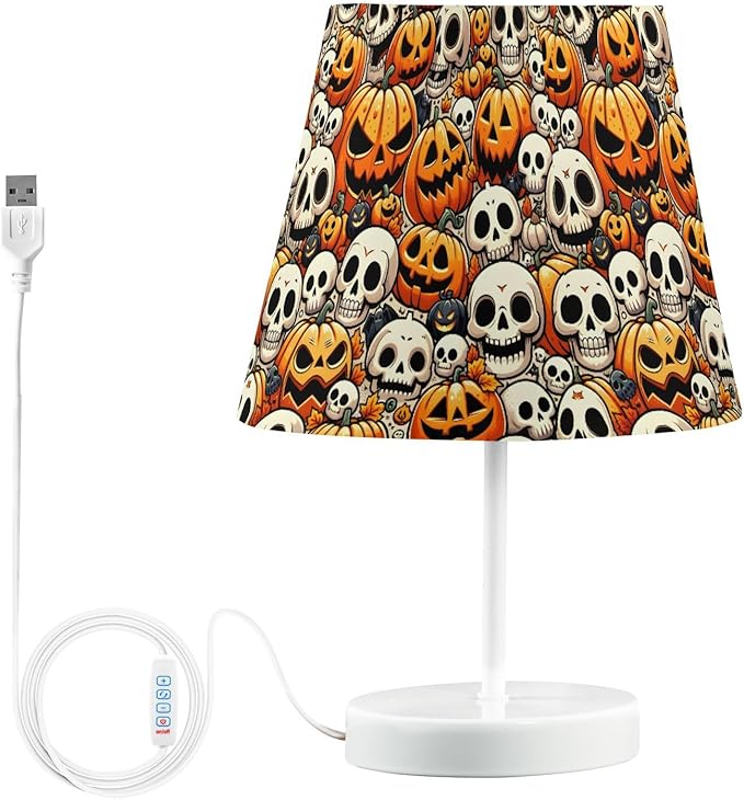 ALAZA Pumpkin Cartoon Halloween Sugar Skull Decor Bedside Table Lamp with USB Port 3 Color Temperatures LED Desk Lamp for Bedroom Office M