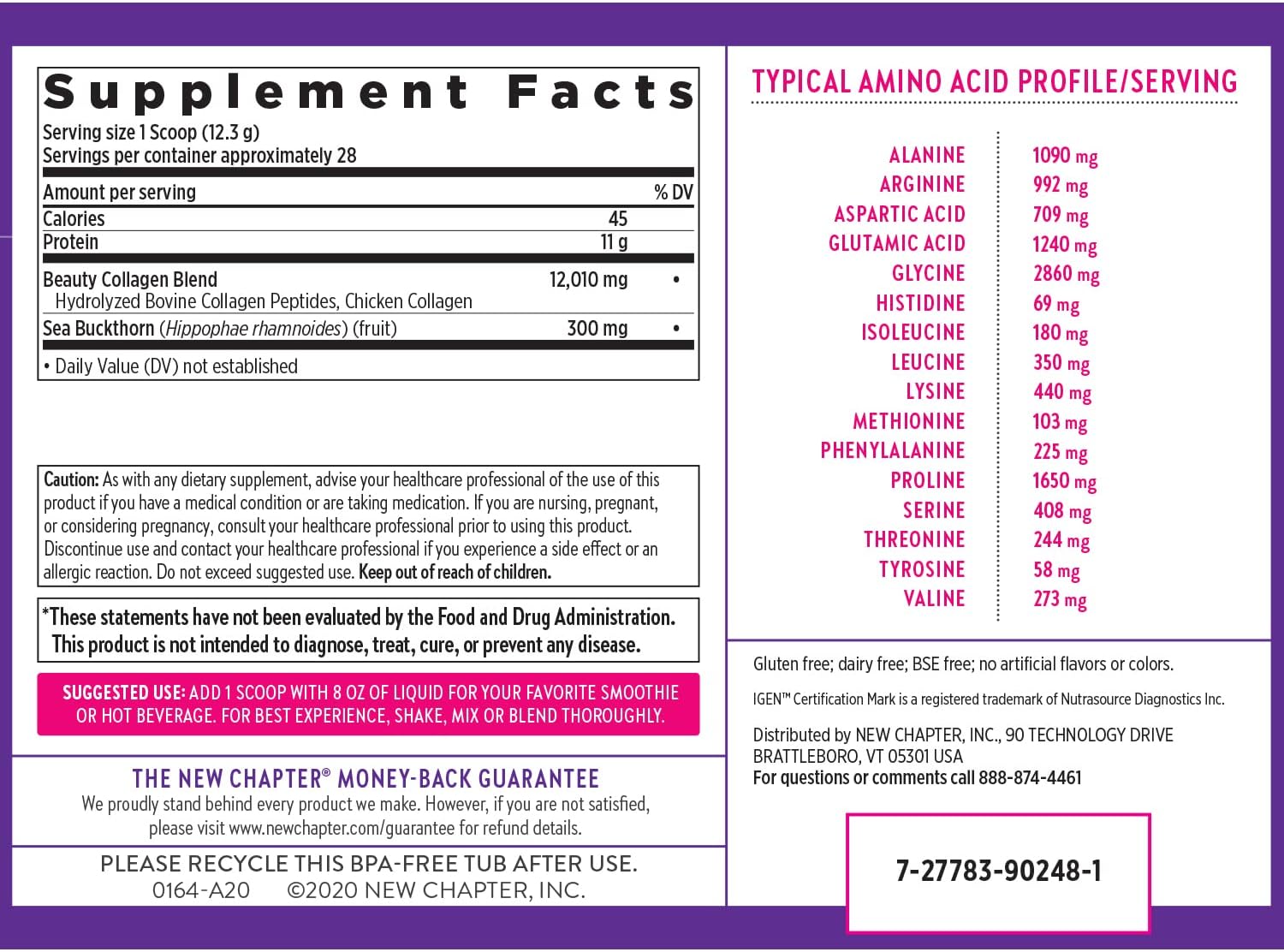 New Chapter Beauty Collagen Powder Glow, 12g Collagen Peptides (Types I, II, III), Unflavored