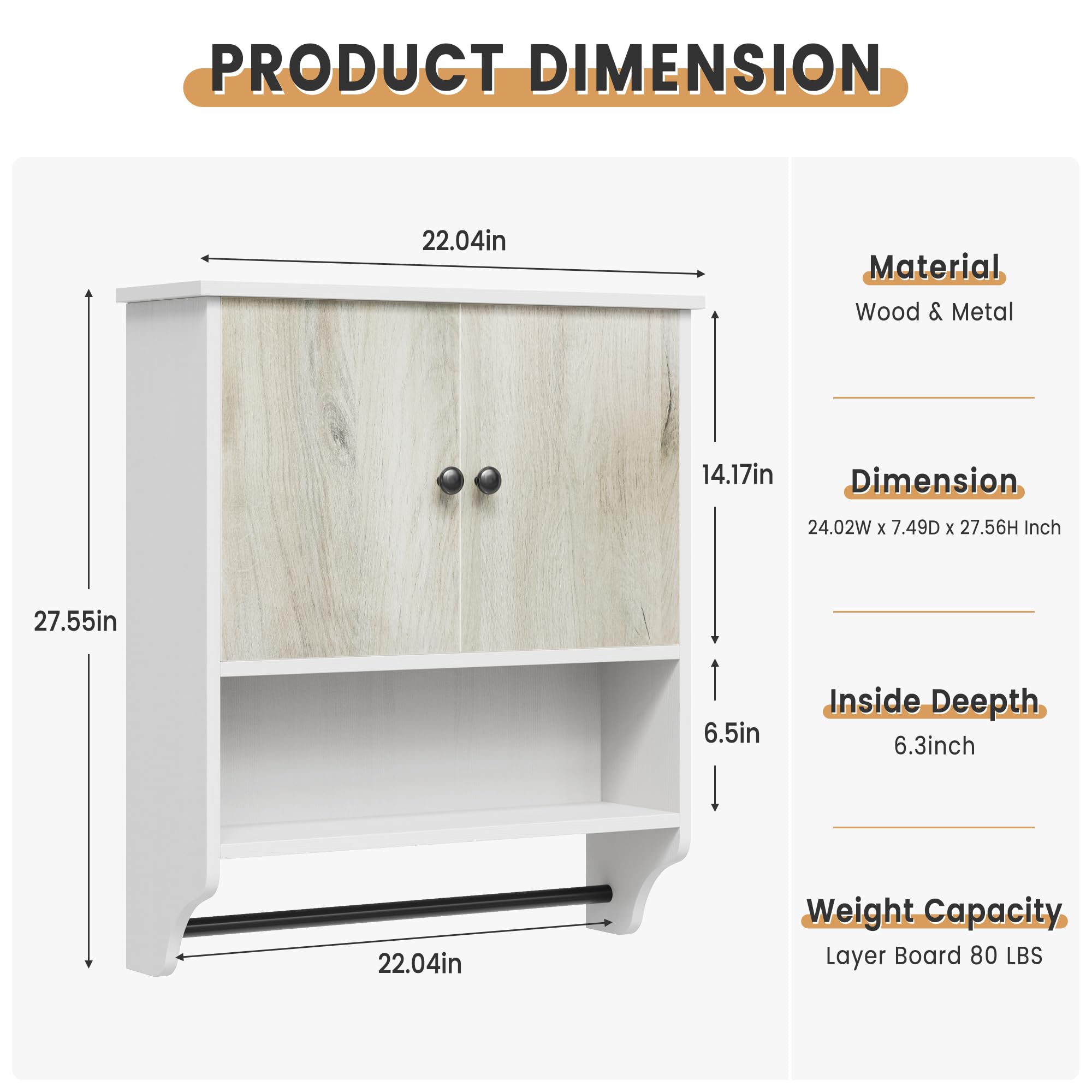 Mueble de baño de pared blanco con almacenamiento y barra transversal