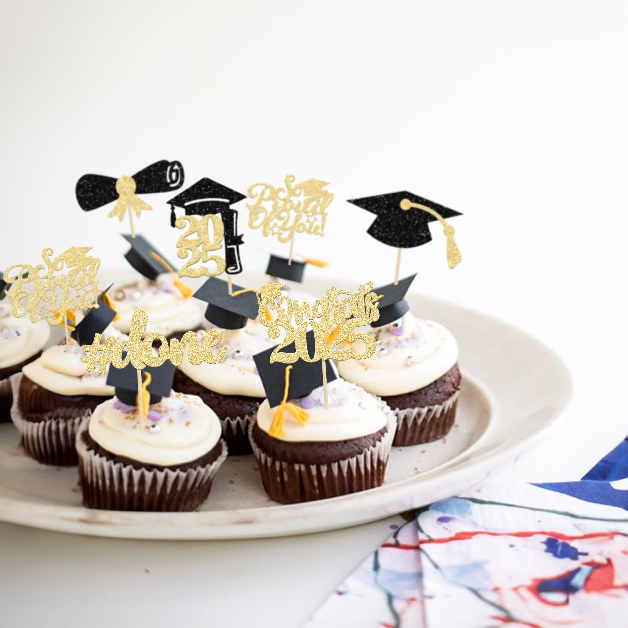 Gyufise 24Pcs Graduation Cupcake Toppers 2026 Gold Glitter Class of 2026 Cupcake Toppers Supplies So Proud of You Grad Cap Diploma Cupcake Picks for Graduation Party Decorations 2026 - Image 4