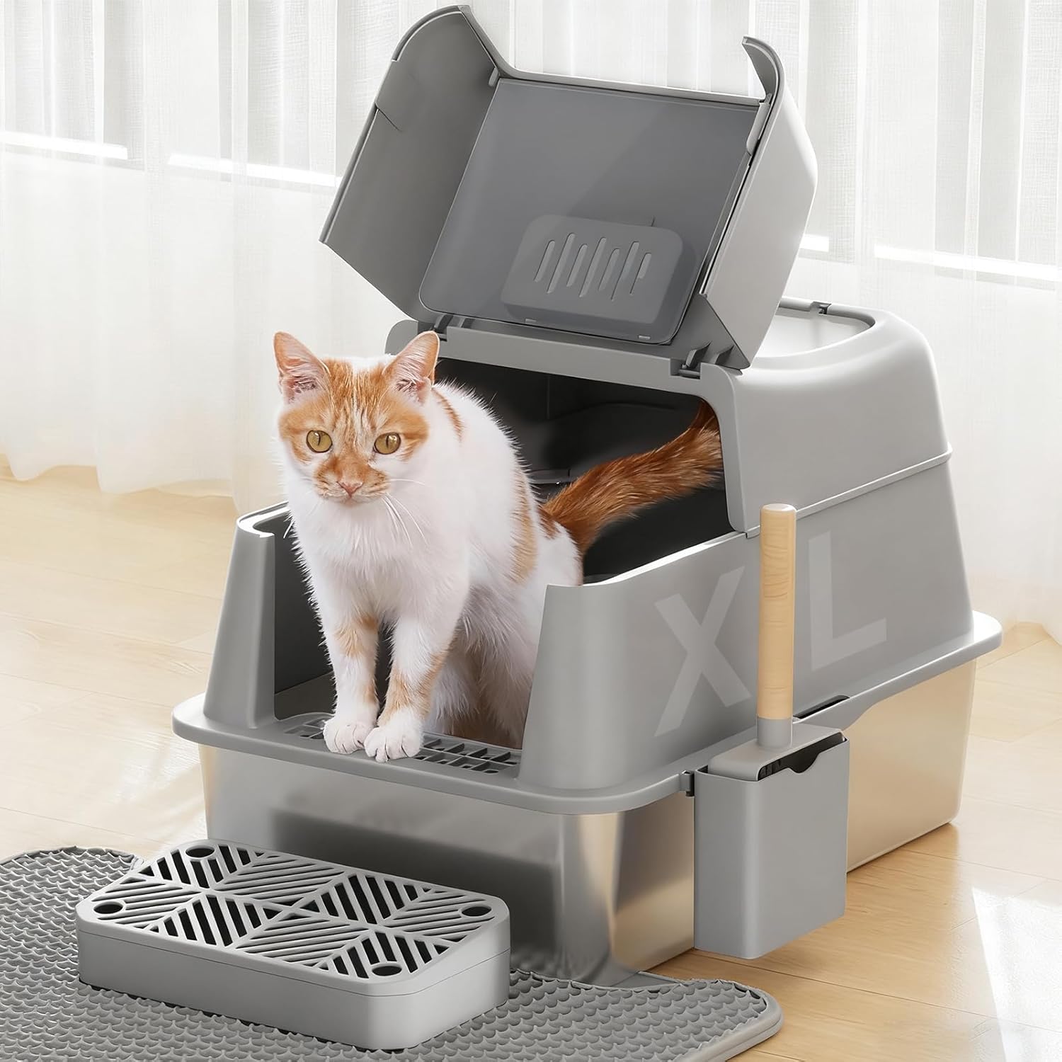 Rywell Stainless Steel Litter Box, 180° Flip-Cover Cat Litter Box, XL Extra Large Metal Litterbox for Big Cats, Includes Litter Scoop & Litter Mat, Anti-Leakage, Non-Stick, Easy Cleaning