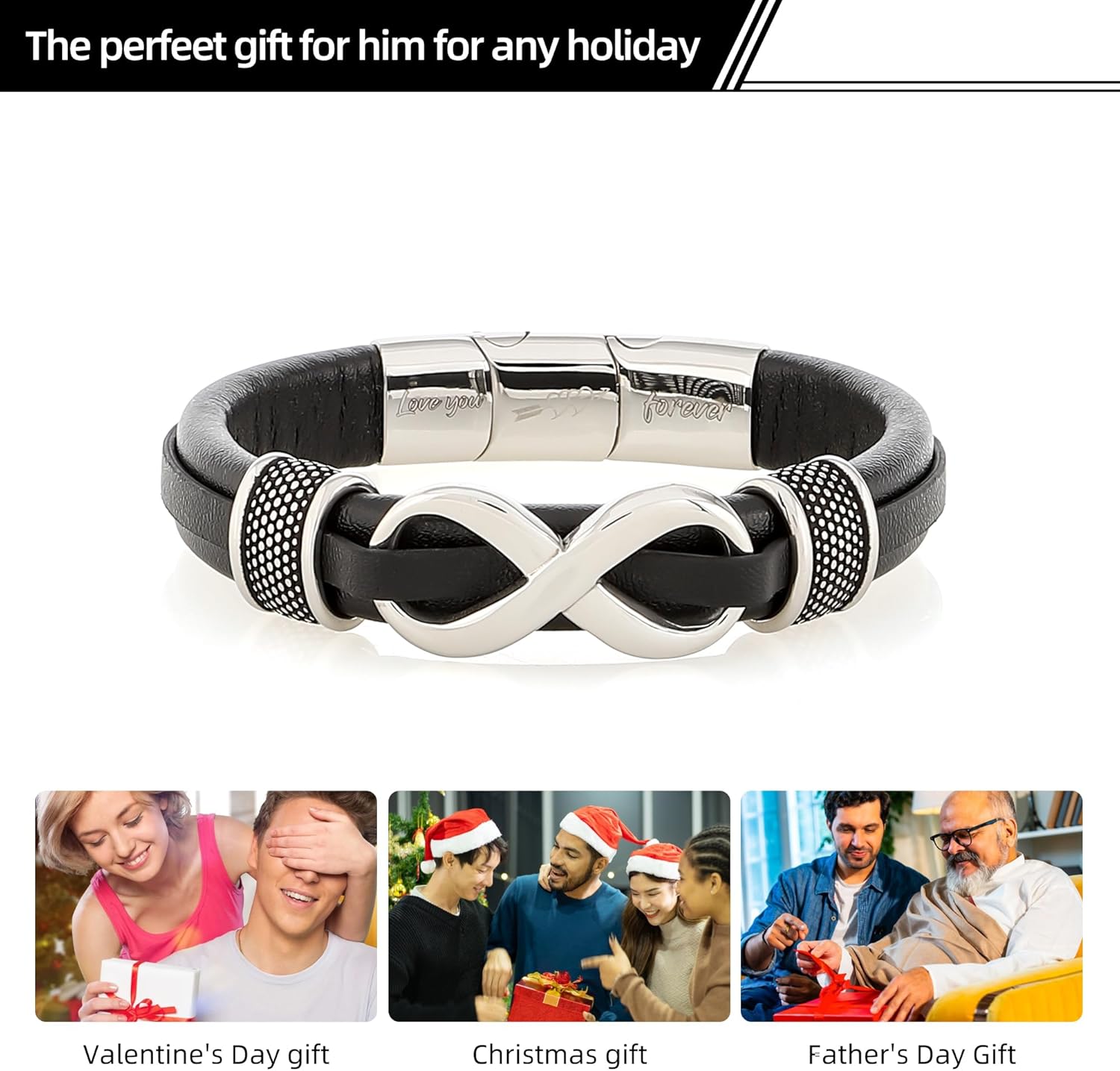 Gifts for Men Mens Leather Bracelet Engraved with Love You Forever Adjustable Gifts for Him Boyfriend, Husband, Son Premium Box for Birthday, Anniversary, Holiday - Image 7