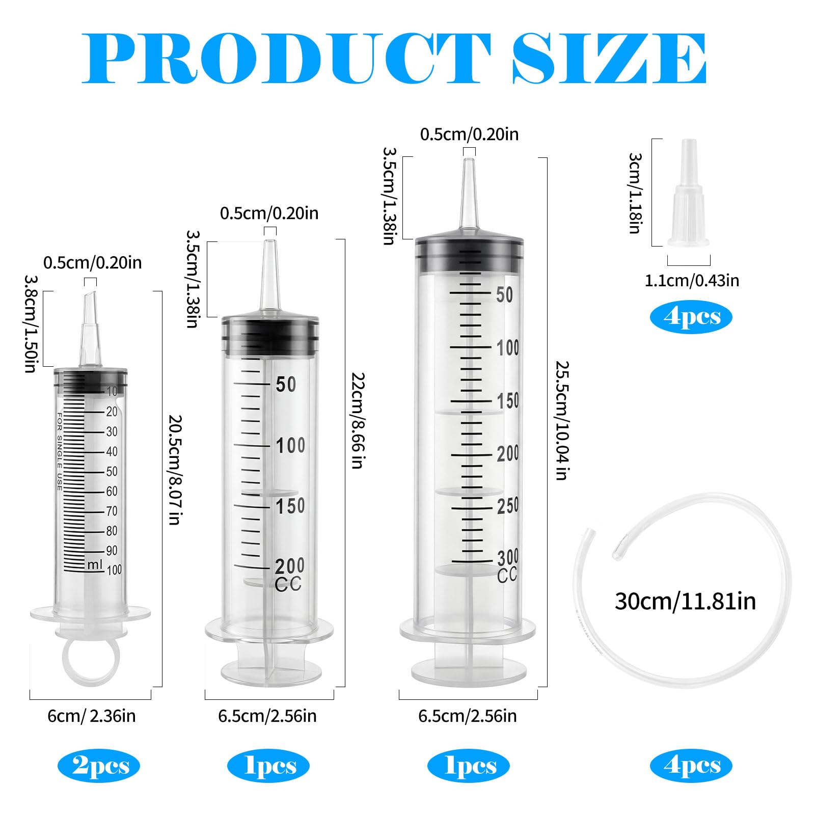 4PCS Grosse Seringue 100ml200ml300ml, Plastique Seringue a huile avec Tuyau | Sans Aiguille, Comprend 4 tuyaux de 30cm et des adaptateurs, pour Laboratoire Science Industrie Arrosage Mesure De Liquide