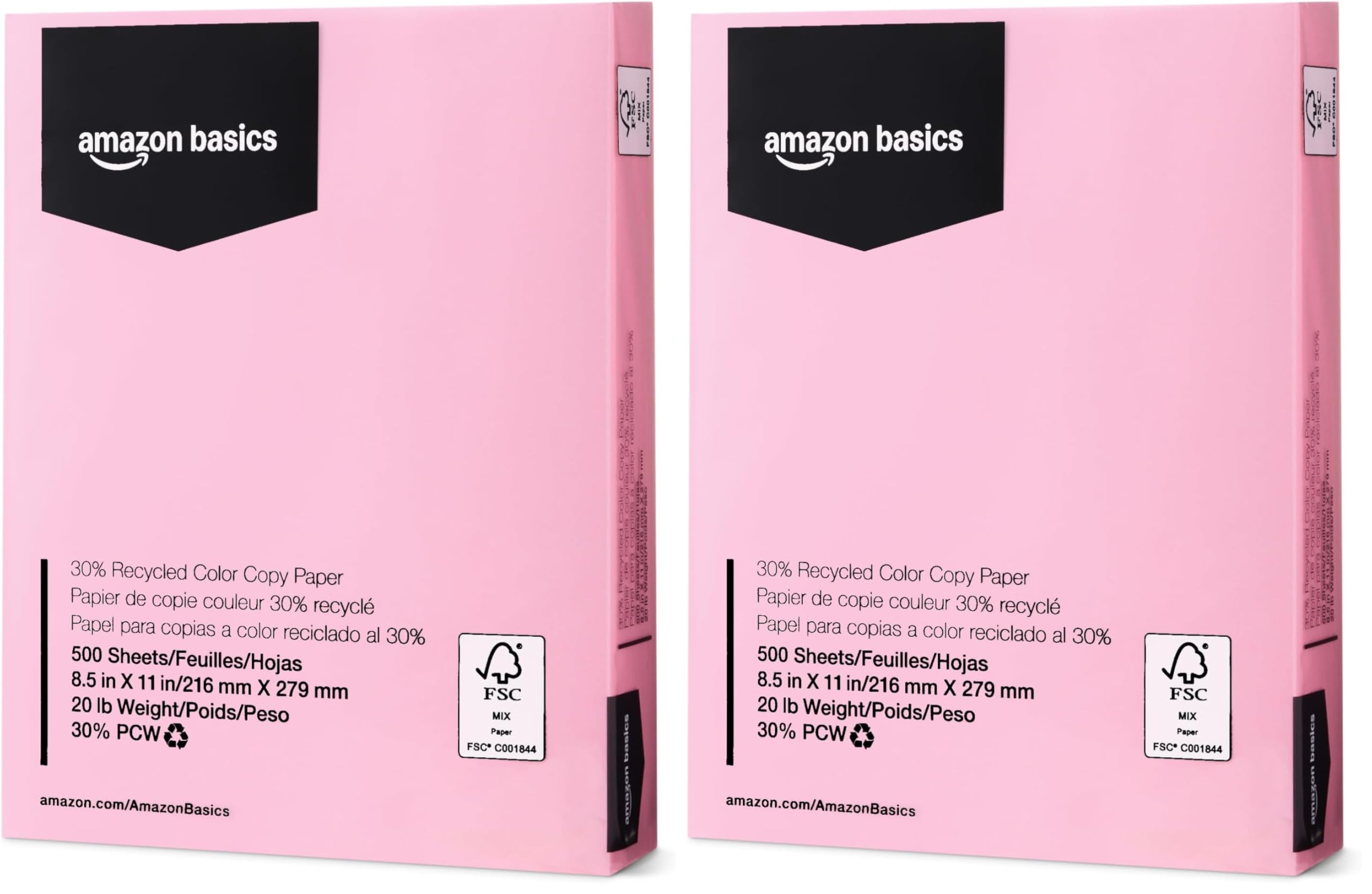 Amazon Basics 30% Recycled Color Copy Paper, 8.5" x 11", 20lb, Pastel Pink, 500 Sheets (Pack of 2)