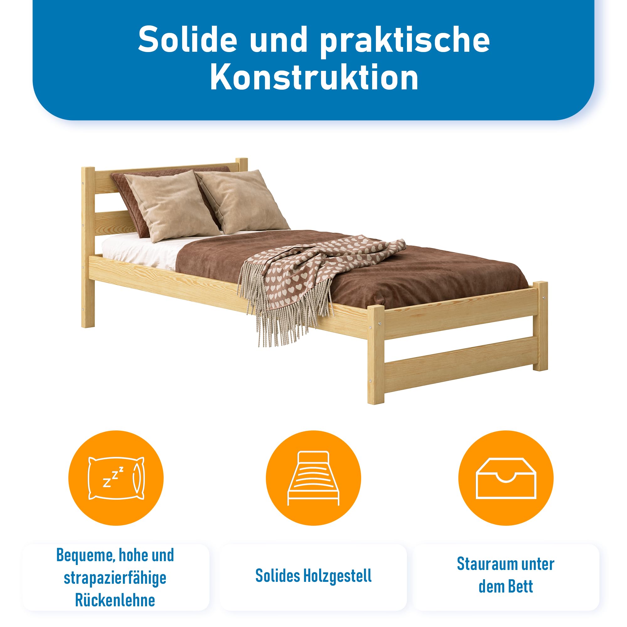Kinderbett 90x180 cm mit Lattenrost - Einzelbett aus Kiefer Massivholz - Kinder Bett Montessori – Jugendbett – Tagesbett ohne Matratze