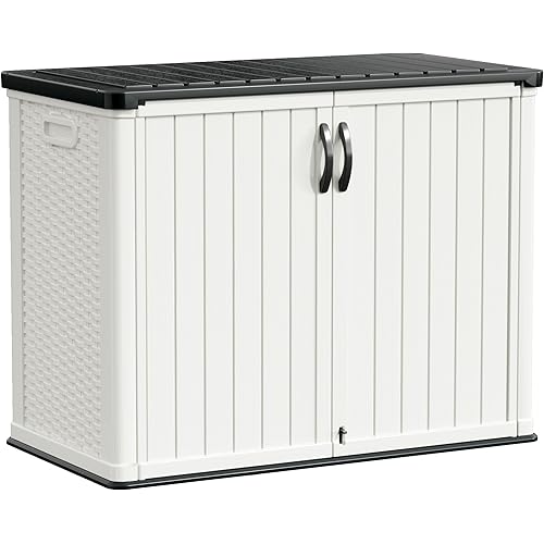 Greesum Outdoor Storage Deck Box Cabinet 150 Gallon, Horizontal Resin Storaged Shed, Pad-Lockable, Waterproof and UV Protection for Garden, Garage, Lawn, Without Shelf, White
