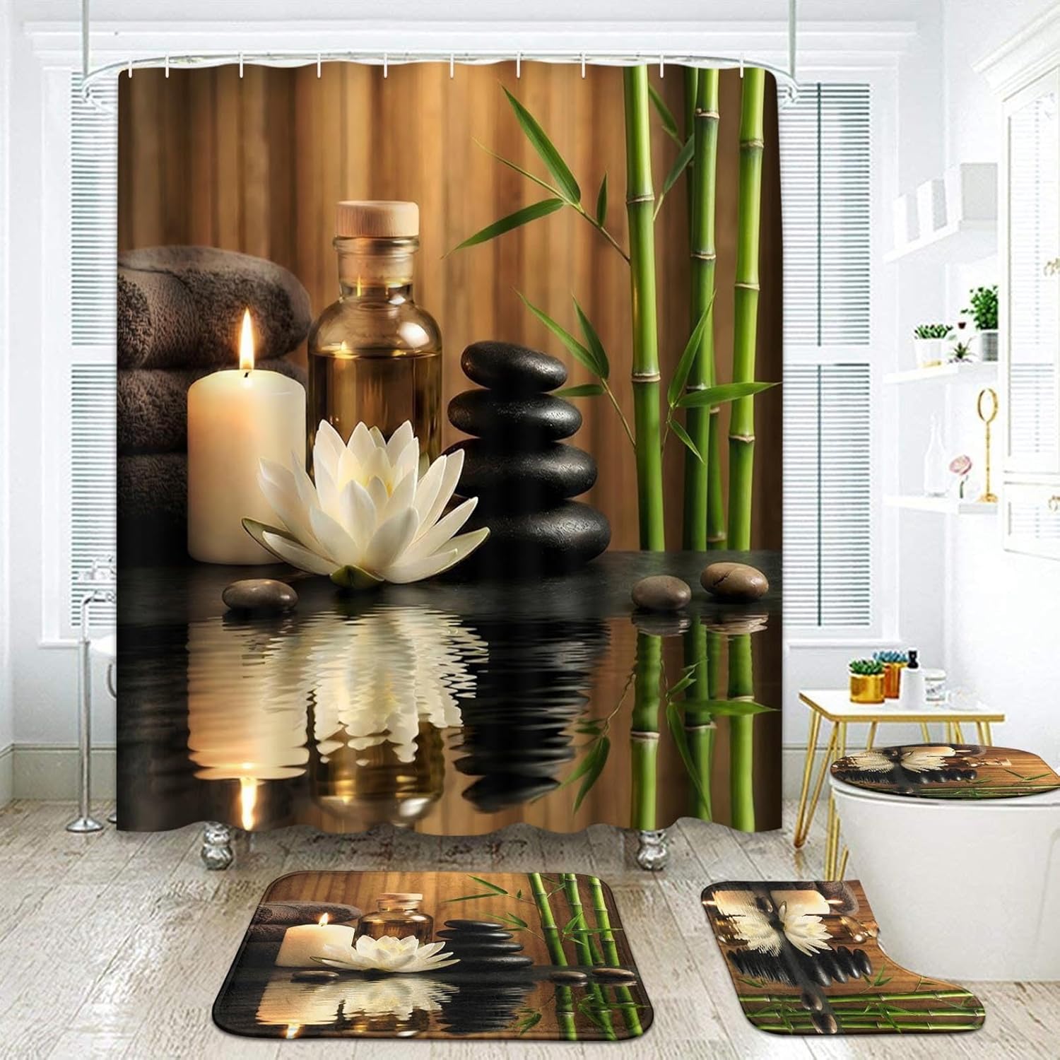ArtSocket Stones Spa Bamboo Bathroom Set with Shower Curtain and Rug Accessories, Oil Wood Massage Candle Modern Water Bamboo Green Tropical Shower Curtain for Bathroom Decor 4 Pcs