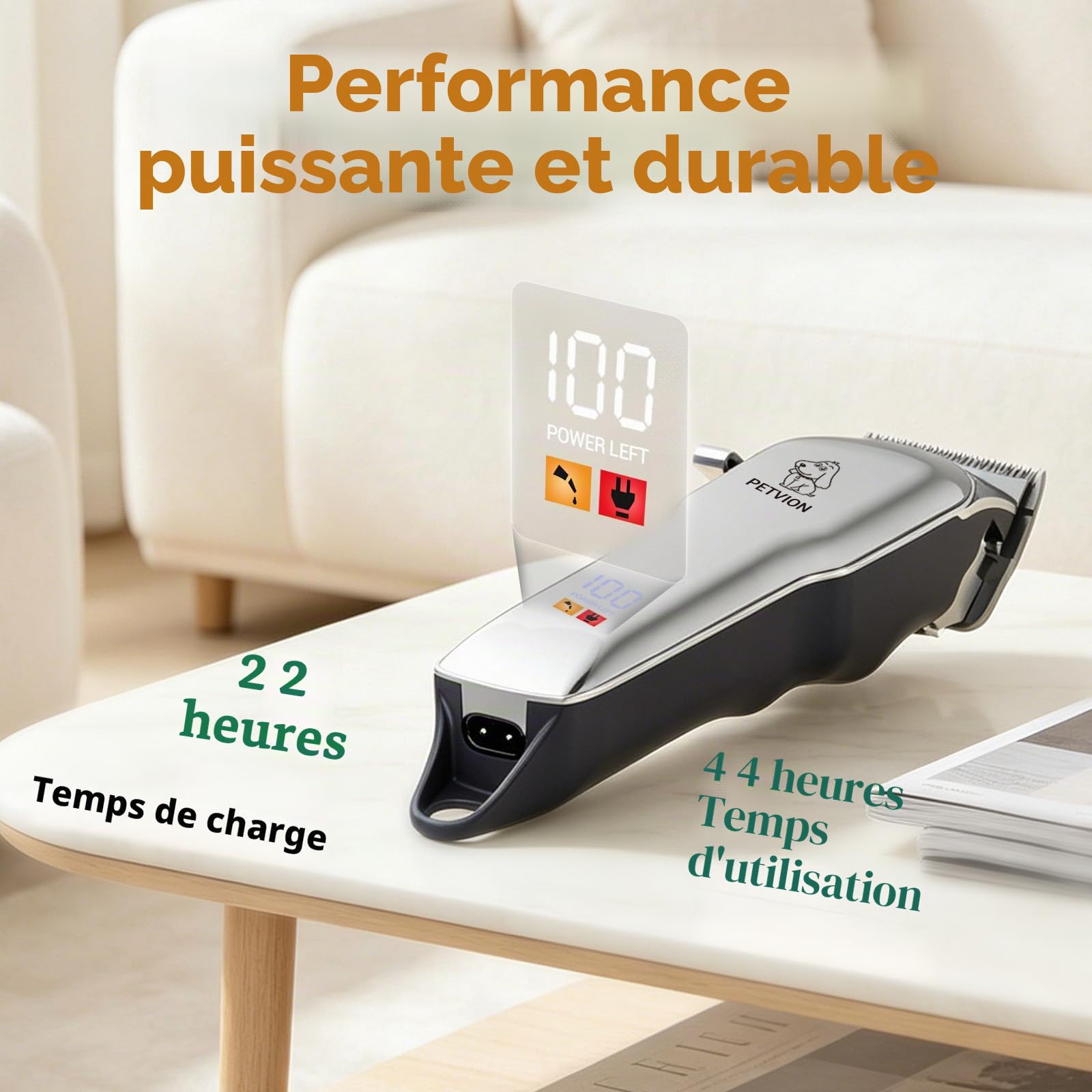 Tondeuse Chien Professionnelle Tranchant 7 000 tr/min Tondeuse de Toilettage Sans Fil Étanche IPX7 avec Écran LED Faible Bruit et Charge USB et 6 Sabots pour Poils Longs Frisés et Épais