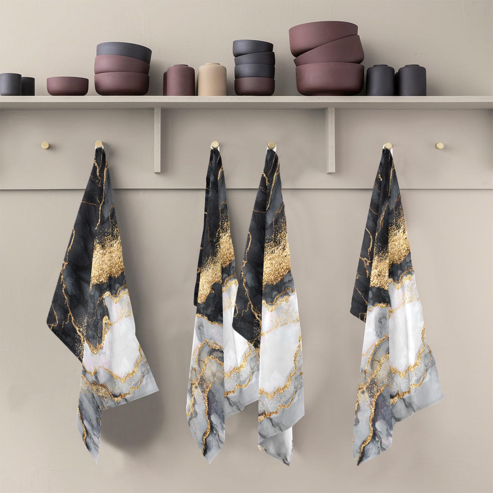 Toallas de cocina de mármol negro dorado, ultra absorbentes, secado rápido, paños de cocina de 28 x 18 pulgadas para cocinar hornear, limpieza del hogar, juego de 4