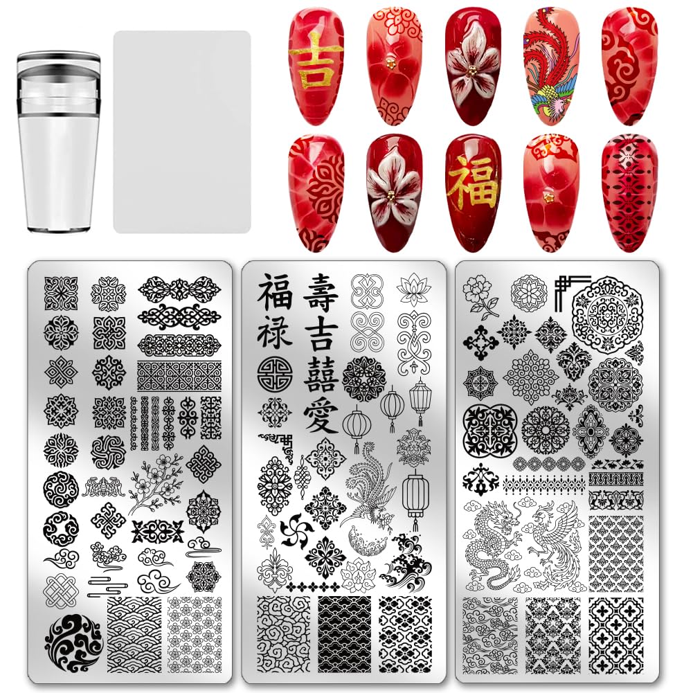 PH PandaHall 3pcs Asian Styles Nail Stamping Plates Dragon Phoenix Patterns Nails Art Stencils Lucky Words Nails Art Templates Flower Texture Nail Image Plate for New Year Manicures Salon Design
