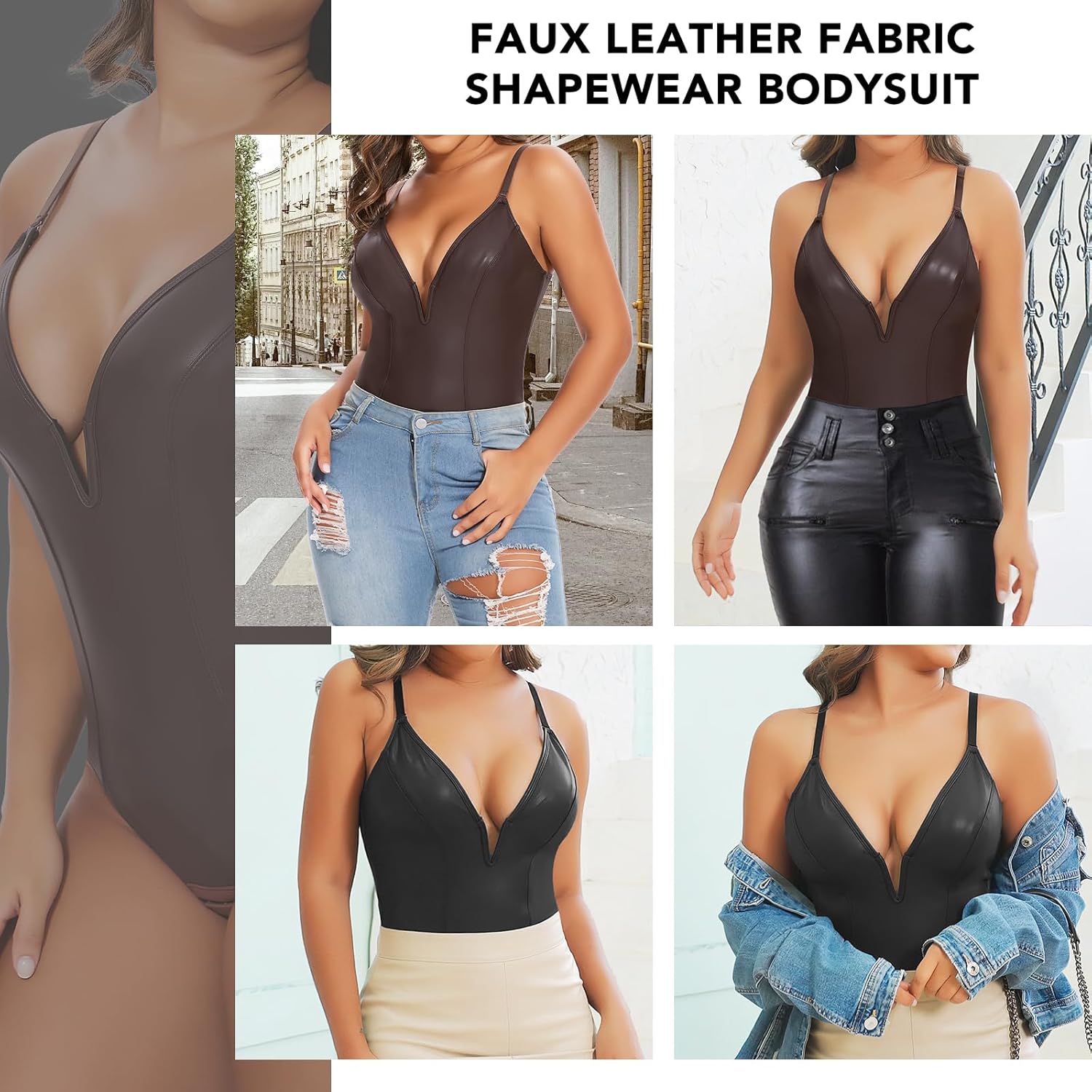 SHAPERIN Women's Deep V Neck Faux Leather Corset Bodysuit Tummy Control Shapewear Thong Body Shaper Plunge Cami Top - Image 5