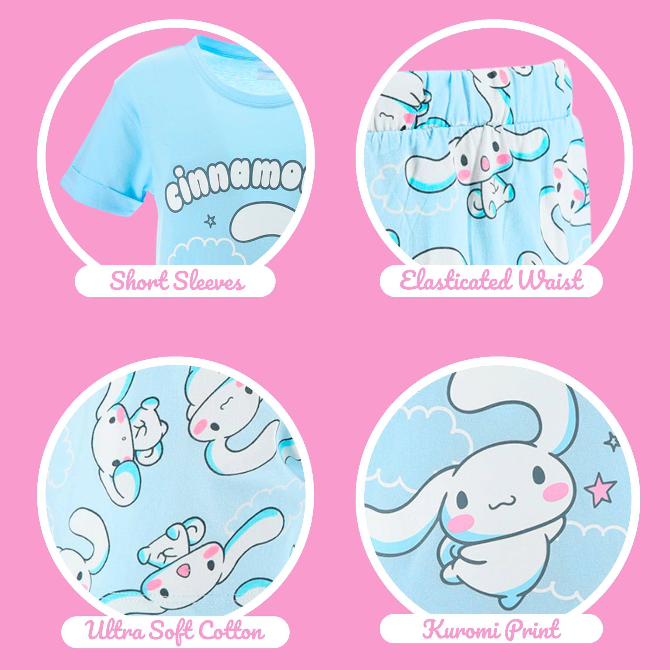 Hello Kitty Cinnamoroll Camiseta y Pantalon para Niña, Conjunto 2 Piezas Camiseta Manga Corta y Pantalon Corto, Tallas 8 a 14 Años