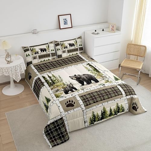 Miniatura 4 de Juego de ropa de cama individual de oso negro, edredón retro de animales de bosque de caza para cabaña de campo, juego de edredón de retazos verde y