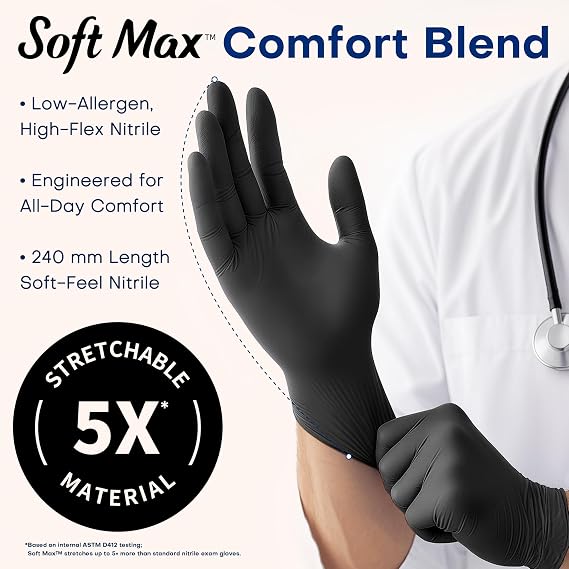 SUPMEDIC Soft Max Disposable Nitrile Exam Gloves, Powder-Free Black 100 Ct