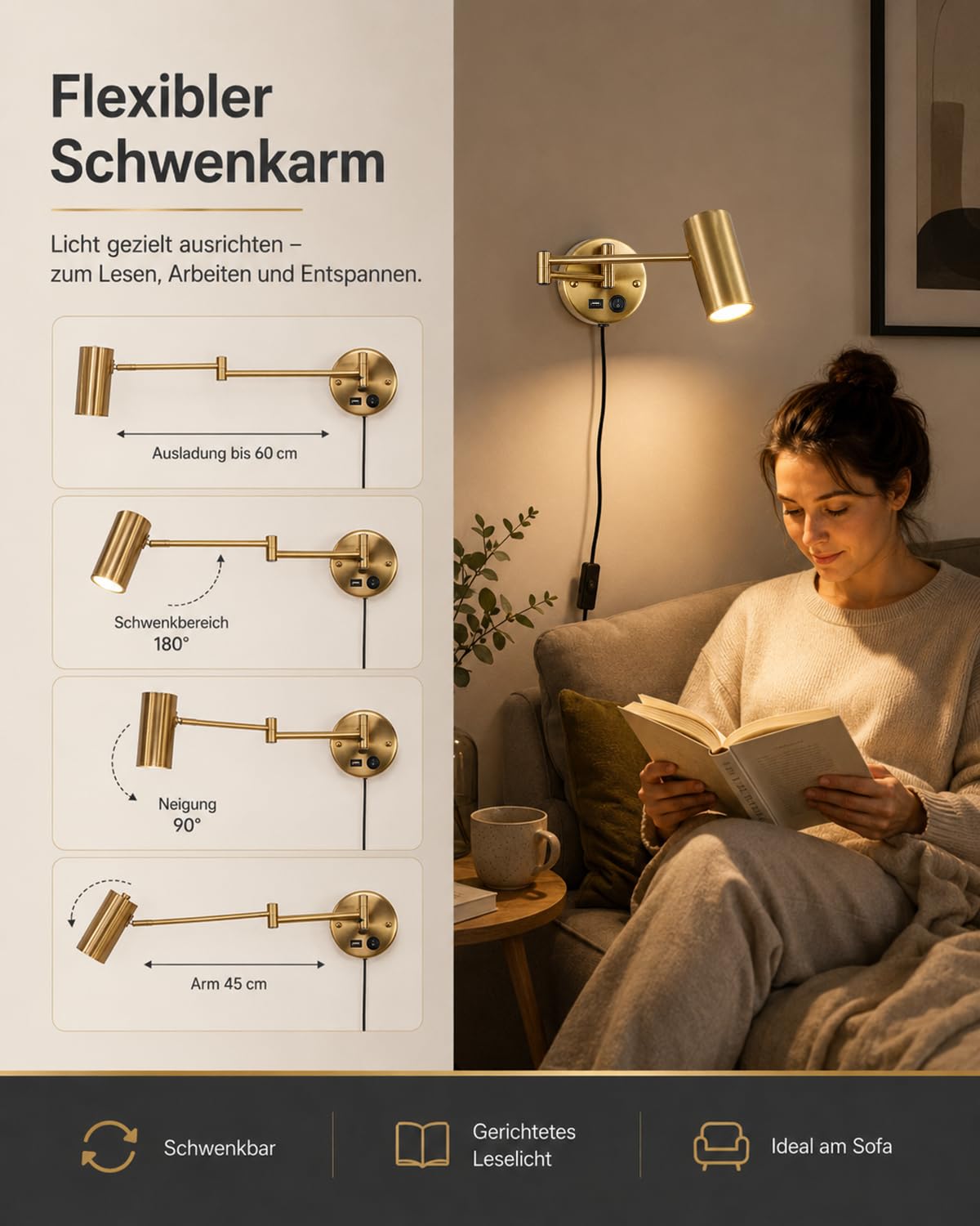 Wandleuchte mit Stecker und Schalter, Leselampe Wand Gold mit USB Ladeport, Schwenkarm Wandlampe E27 mit 150cm Kabel, 3000K Warmweiß Nachttischlampe für Schlafzimmer Wohnzimmer