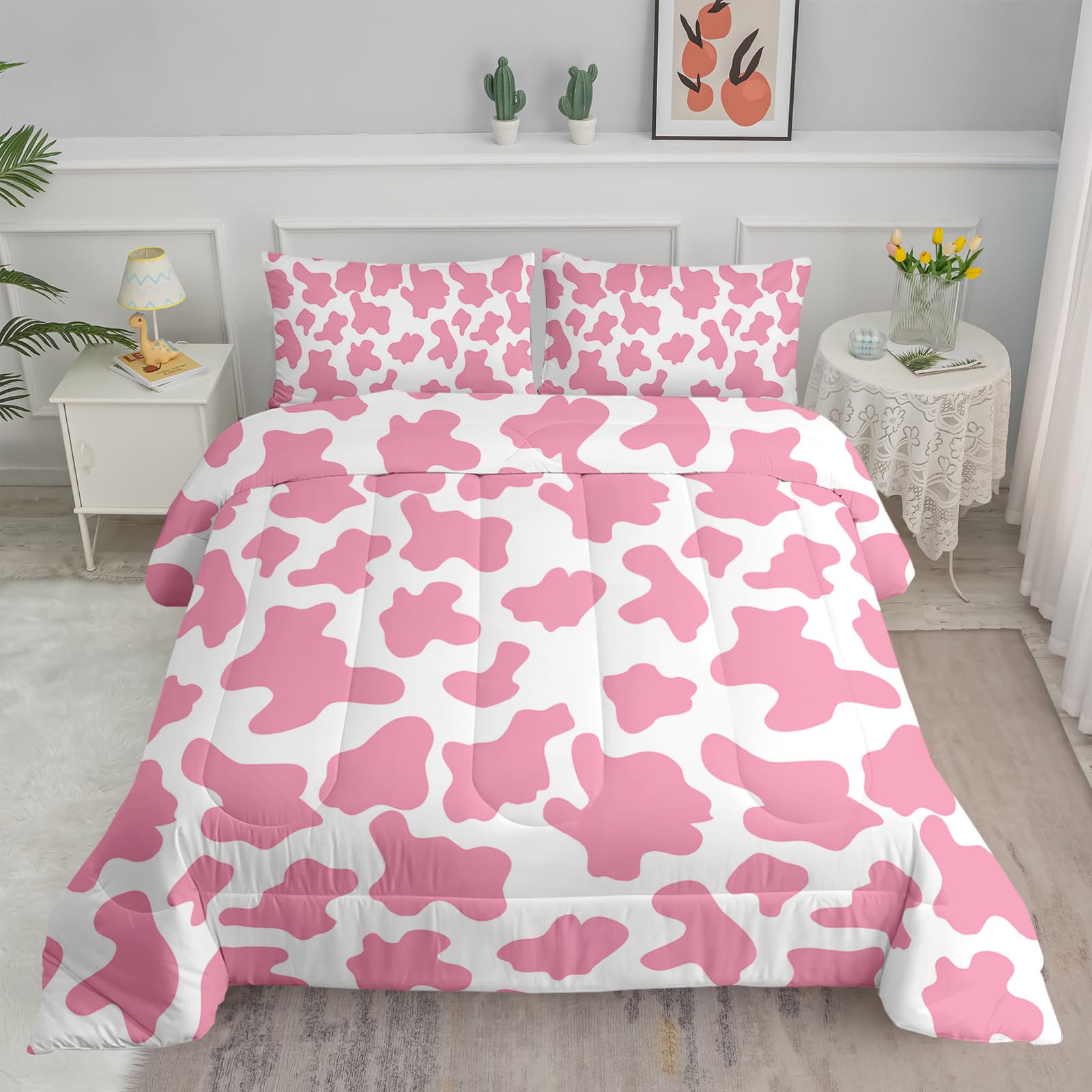 Axolotl Cow Print Comforter Set - Twin, Cartoon Milk Cow Bedding Set, Farmhouse Style, Kids Boys Girls Teens, 1 Quilt 2 Pillowcases, Pink White
