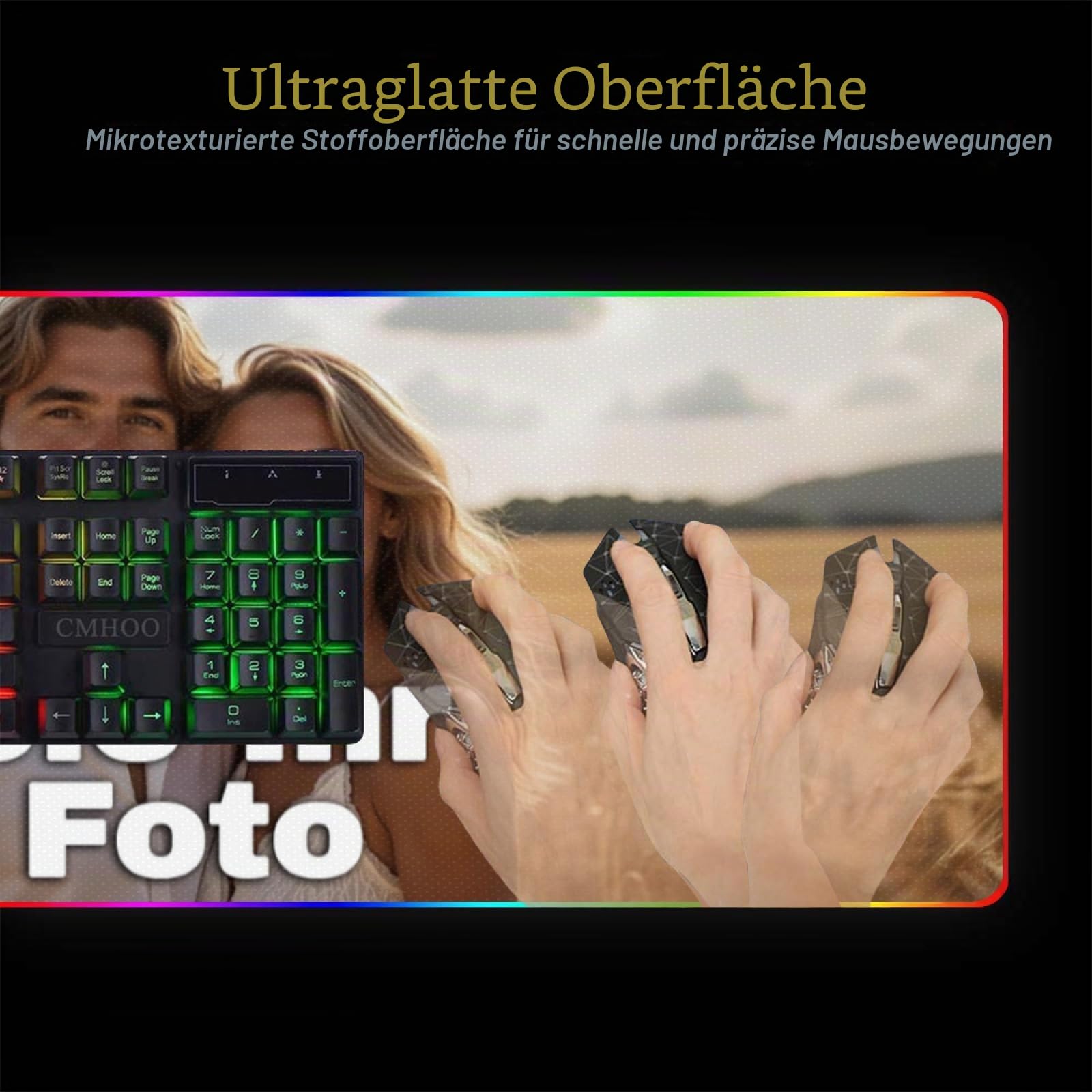 Gaming Mauspad mit Foto/Text/Logo, RGB Mousepad XXL, Personalisiertes Mauspads selbst gestalten, rutschfeste Gummi-Unterseite, Geschenkidee Männer, Frauen, Freunde, Gamer, 30 * 80cm-LED