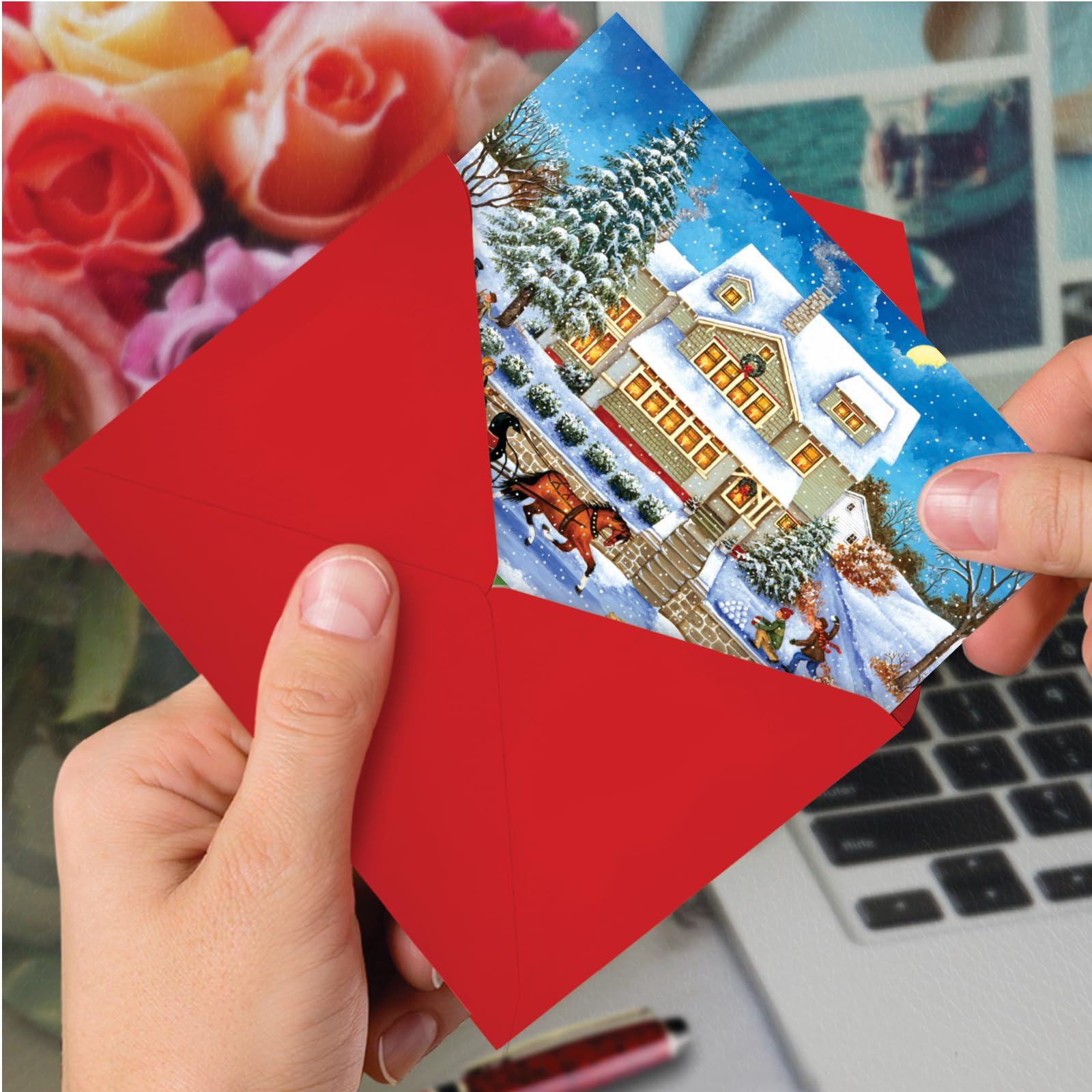 Mp5080 Jumbo carte de Noël : Old Town de Noël – G, avec vintage sur le thème des images d'un Noël Sleepy Town ; avec enveloppe Box Set of 12 Christmas Cards (C5080JXSG-B12)