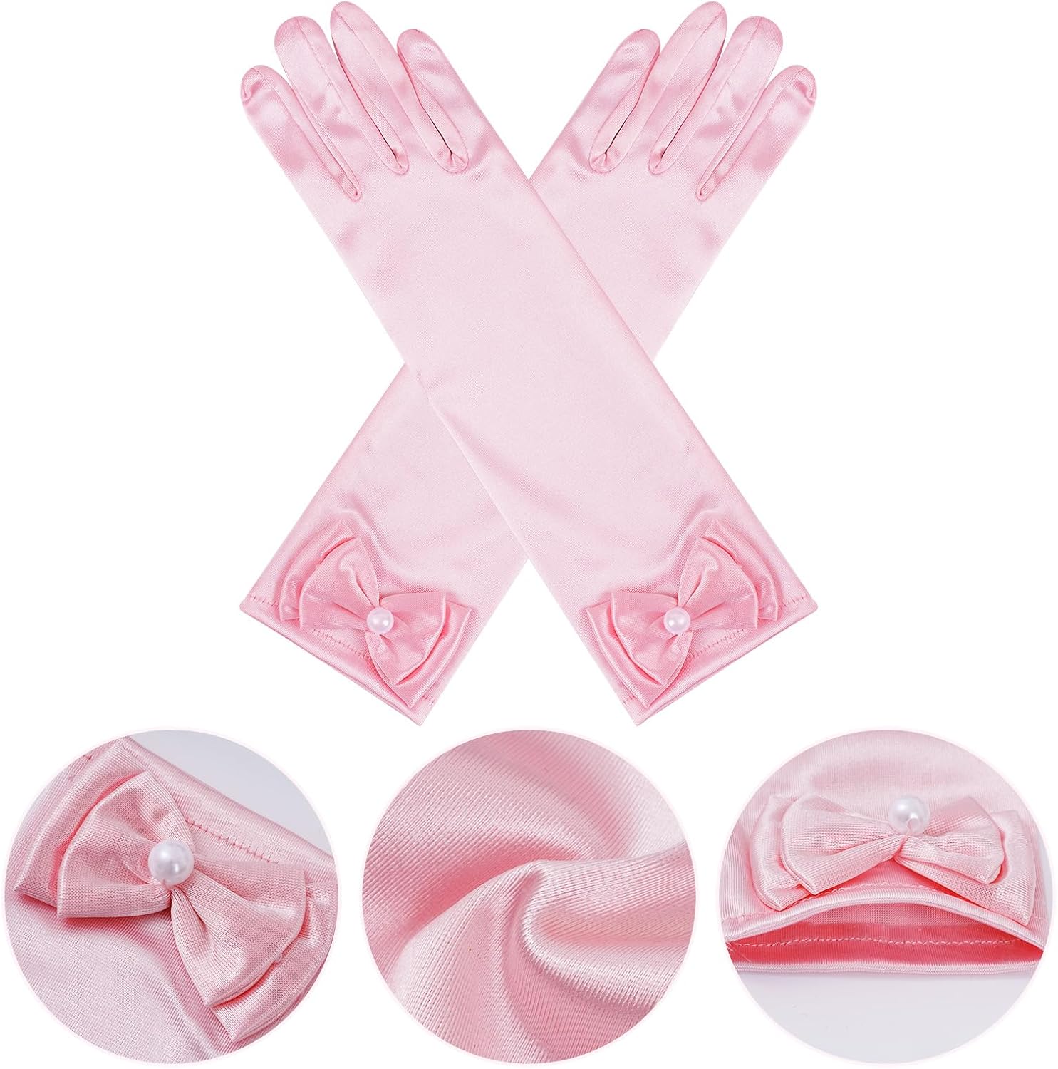 Yolyoo 4 Pairs Satin Princess Gloves,Pearl Long Stain Gloves for Wedding Birthday First Communion Theme Party and Banquet