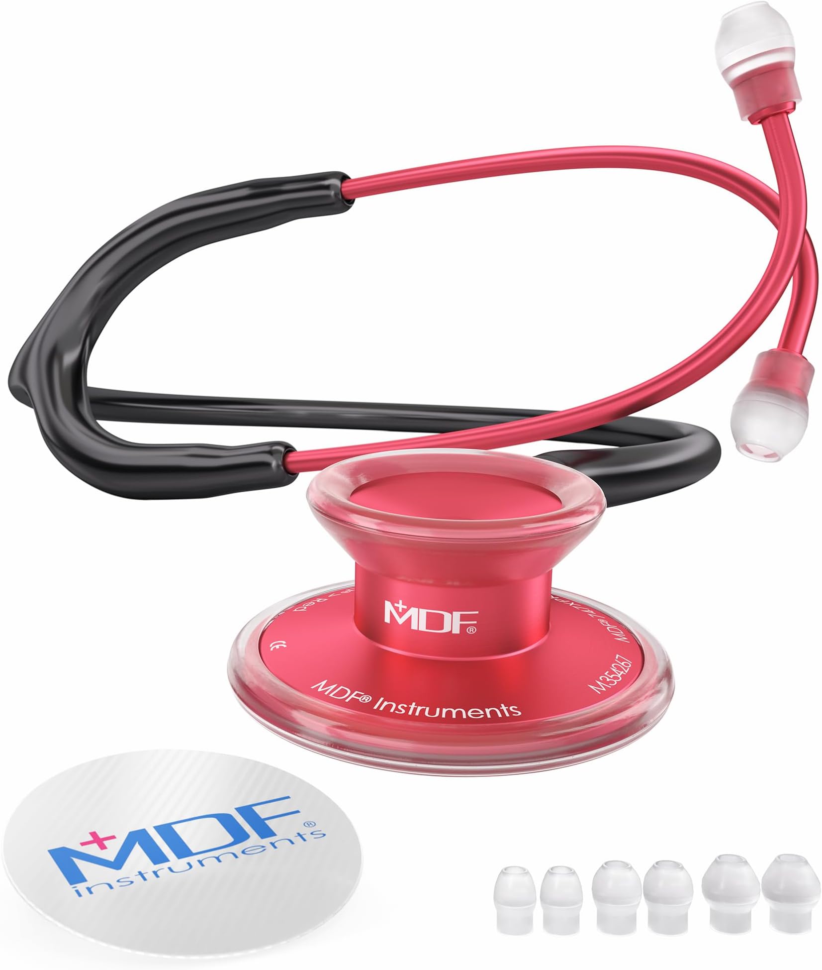 Acoustica Lightweight Stethoscope for Doctors, Nurses, Students, Home Health Use, Adult, Dual Head, Black Tube, Red Chestpiece-Headset, MDF747XPR11