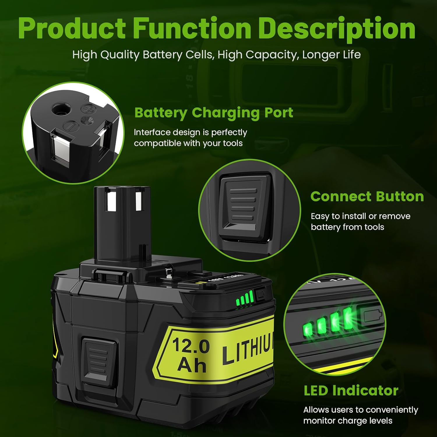 ARyee 12.0Ah 18V P108 P109 Replacement for Ryobi 18V Battery P102 P103 P104 P105 P107 P106 Compatible with Ryobi ONE+18Volt Cordless Power Tool Battery - Image 4