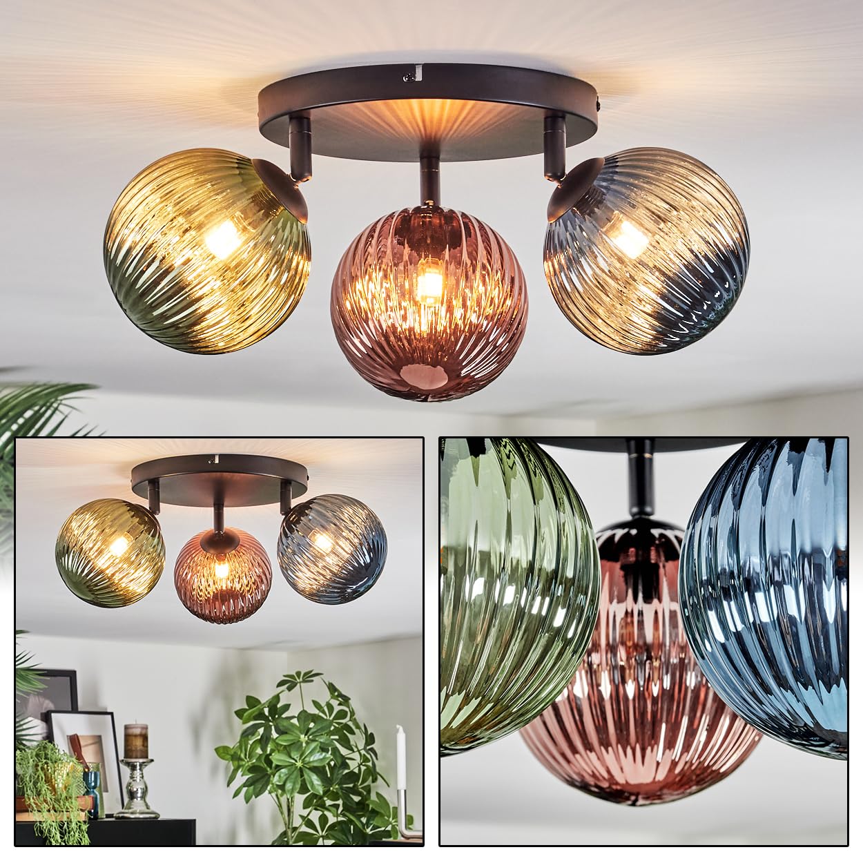 HOFSTEIN Deckenleuchte Chehalis, 3-flammige Deckenlampe aus Metall/Riffelglas in Schwarz/Blau/Grün/Kupfer, verstellbare Leuchte Retro-Design (Schirme Ø 15 cm), G9, Esszimmer, Wohnzimmer, Schlafzimmer