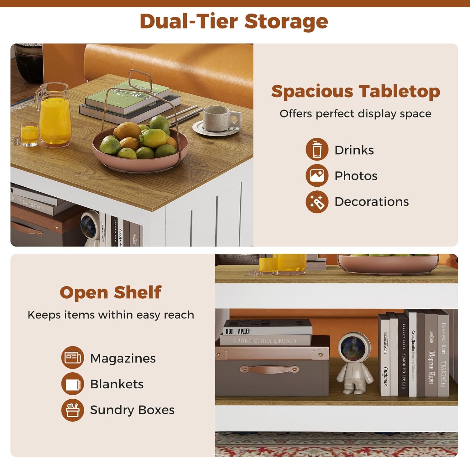 GOFLAME Farmhouse Coffee Table, 31.5” Square Center Table with Open Storage Shelf, Modern Fence Design, 2-Tier Wood Tea Tables for Living Room, Lounge, Apartment, Natural & White