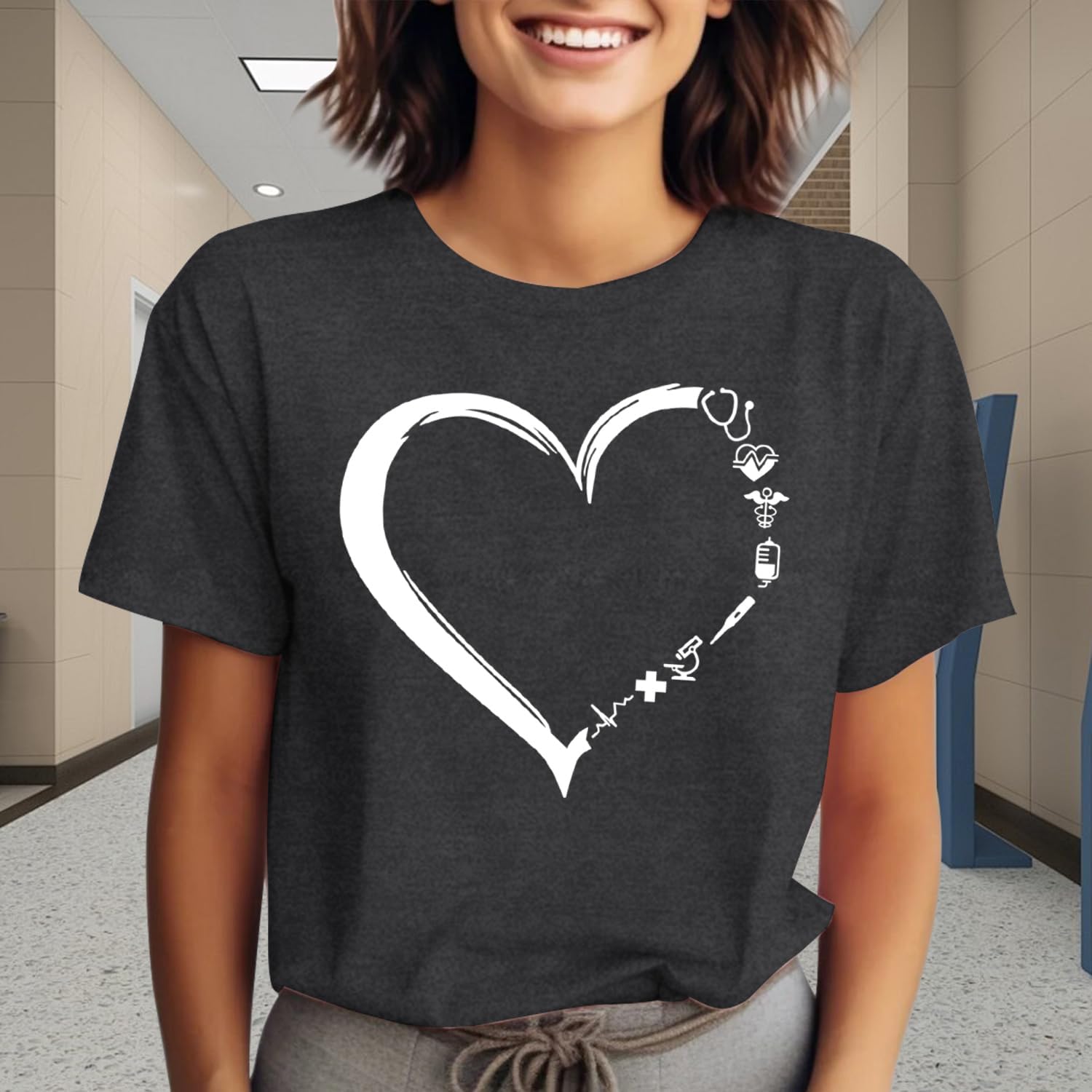 Nurse Shirts for Women School Nurse Stethoscope Heart Print Tshirt Nursing Week Tee Tops - Image 2